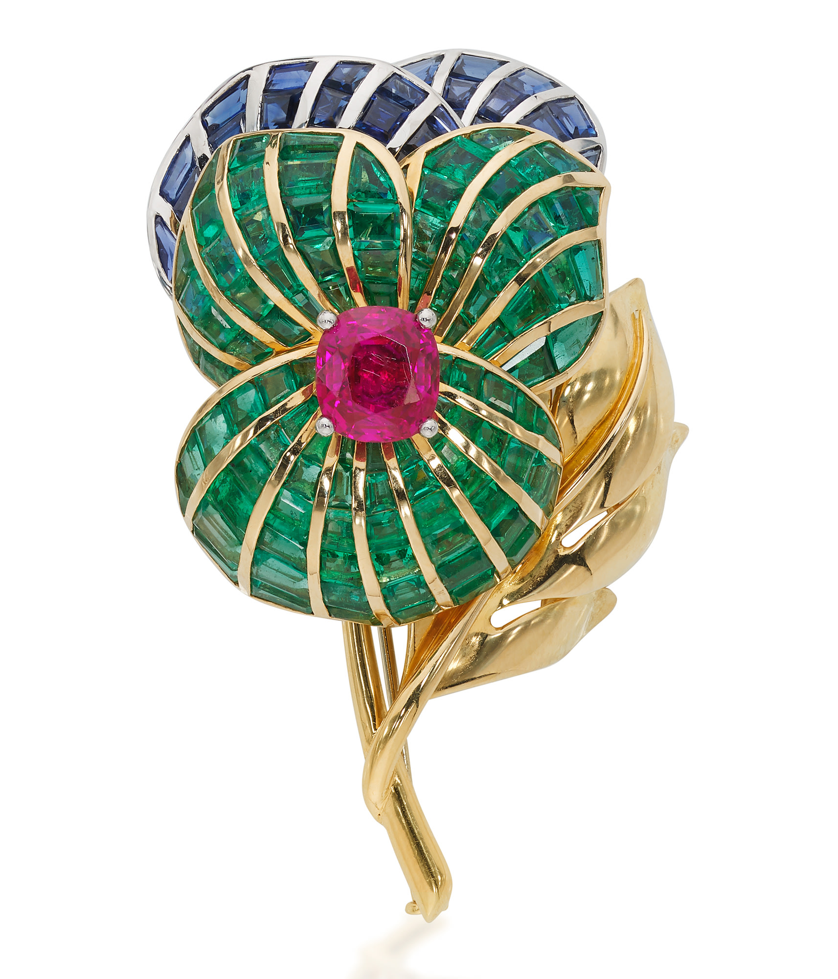 <p><strong>HEMMERLE&nbsp;</strong><em>Ruby, emerald and sapphire brooch, ruby weighing 3.40 carats, Burma, no heat</em></p>

