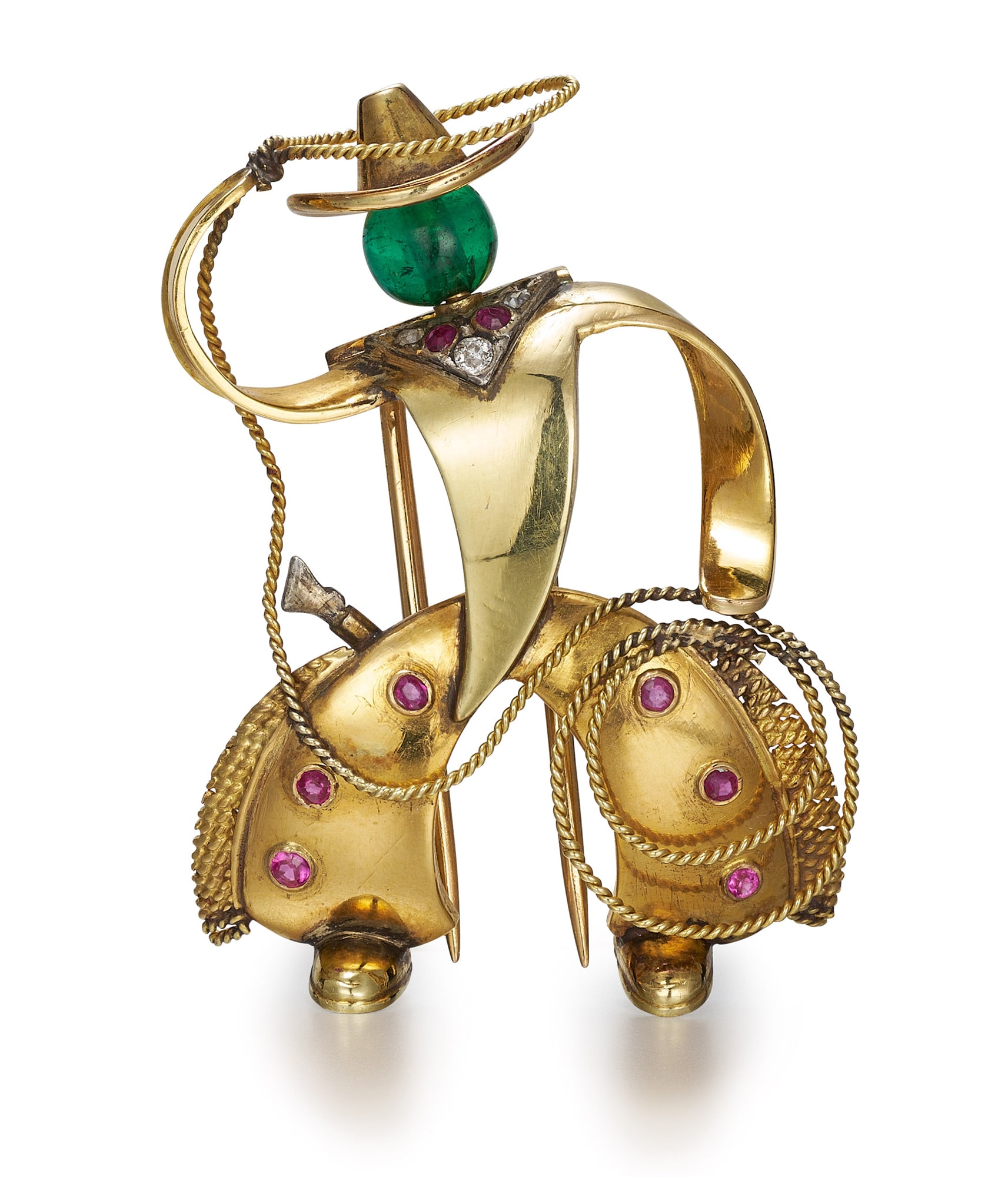 <p><em>Gold, gem set and diamond brooch</em></p>
