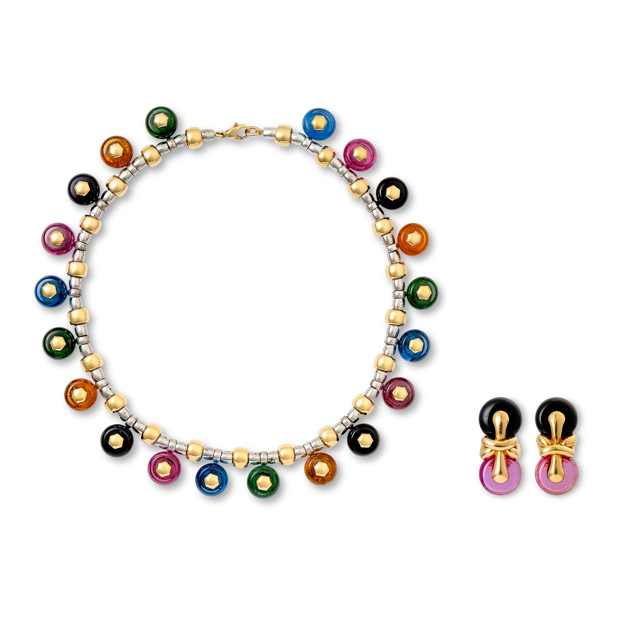 <p><strong>MARINA B.</strong>&nbsp;<em>Coloured glass necklace, &#39;Ciminkit&#39;, and a pair of ear clips, &#39;Nodo&#39;</em></p>
