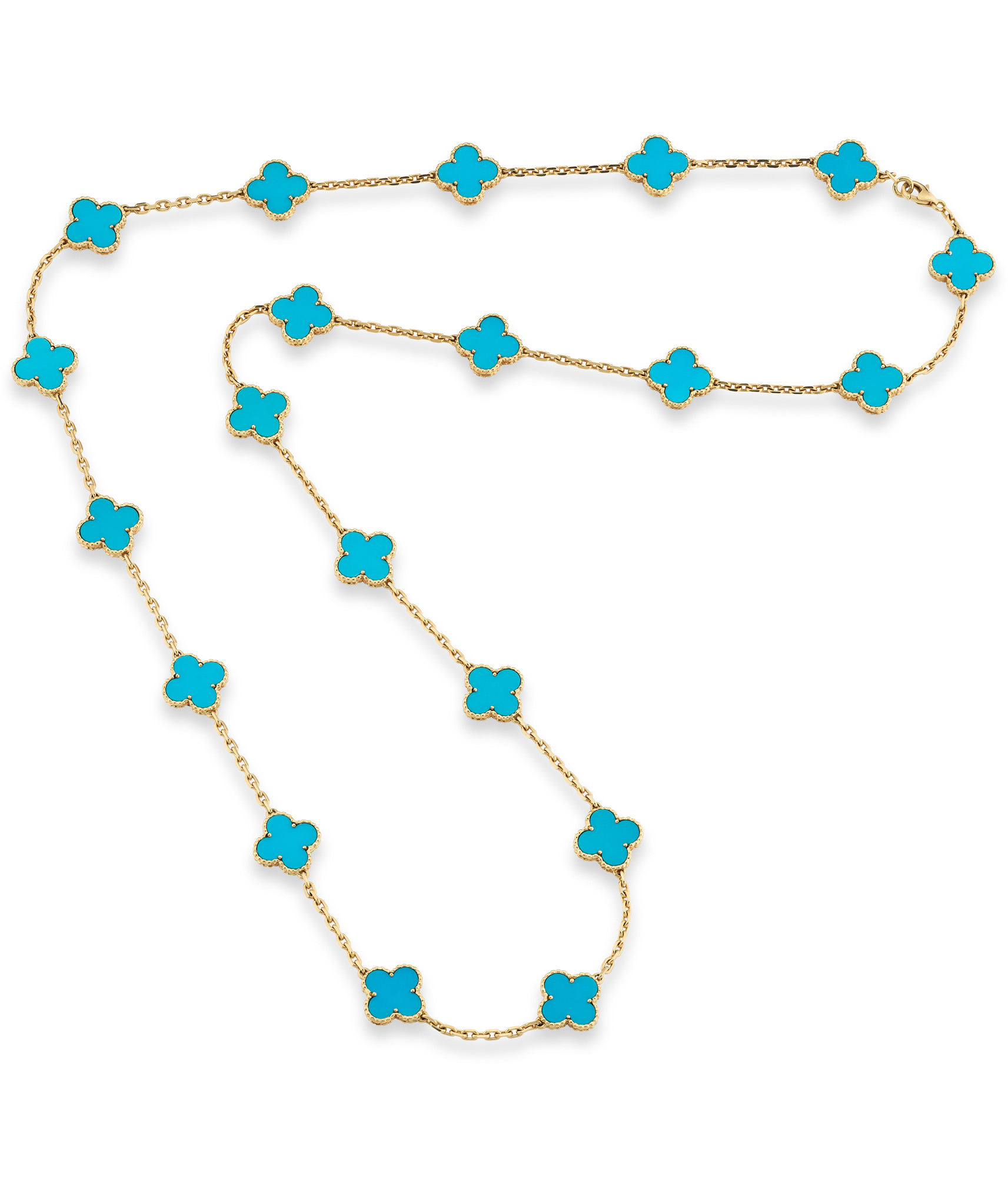 <p><strong>VAN CLEEF &amp; ARPELS&nbsp;</strong><em>Turquoise and gold necklace &#39;Alhambra&#39;</em></p>

