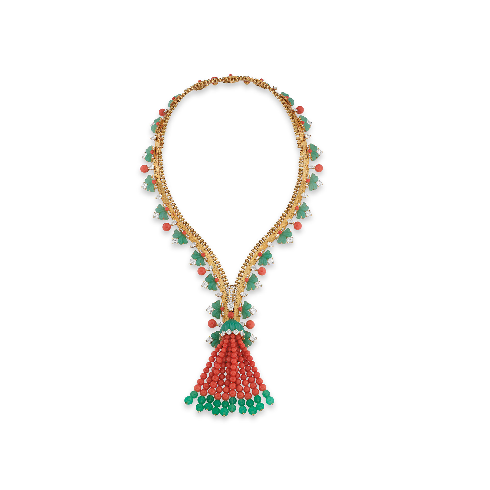 <p><strong>VAN CLEEF &amp; ARPELS</strong> <em>Coral, chrysoprase and diamond necklace/bracelet combination, 'Zip' </em>CHF260,000&ndash;470,000</p>
