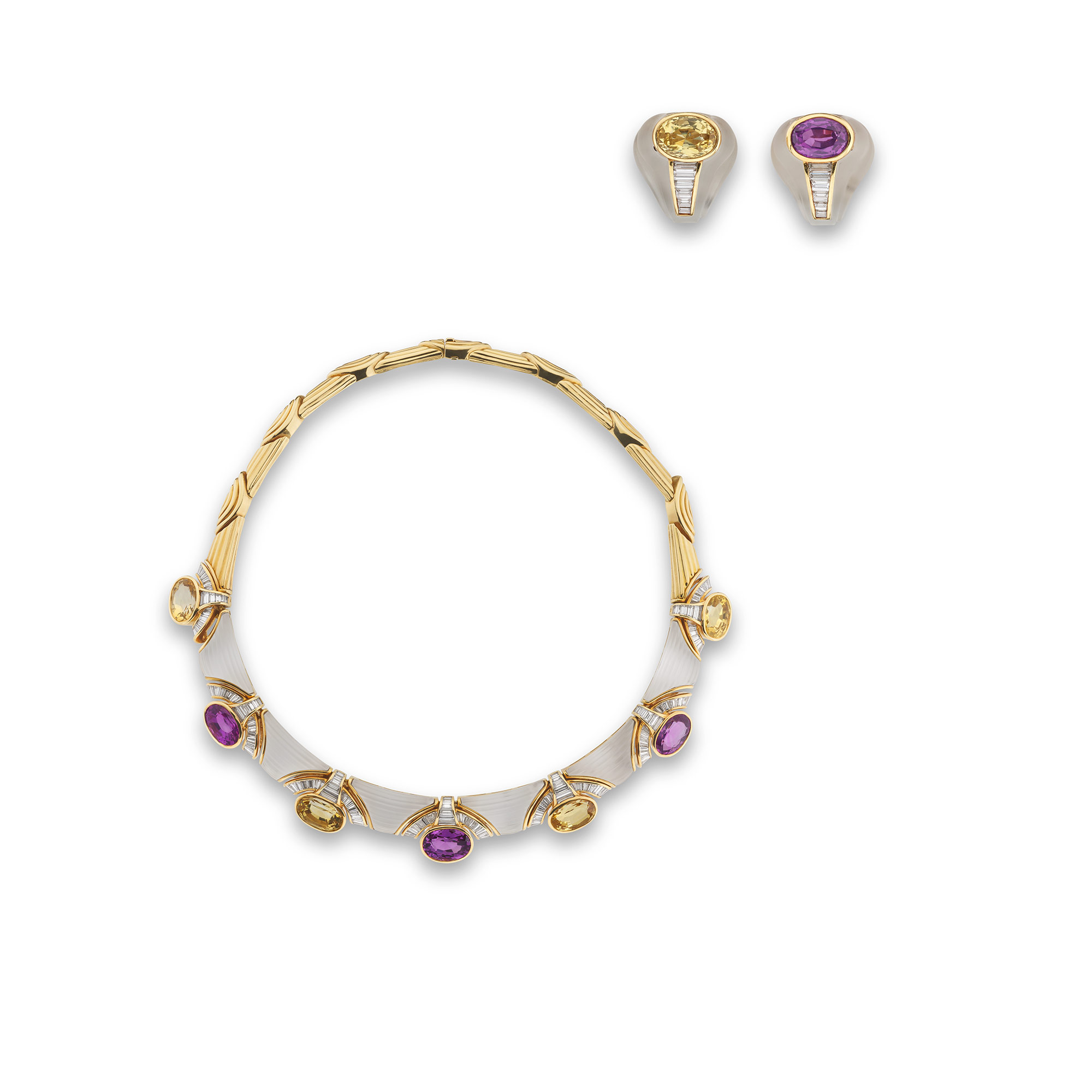 <p><strong>BULGARI</strong> <em>Coloured sapphire, rock crystal and diamond demi-parure</em> CHF95,000&ndash;140,000</p>
