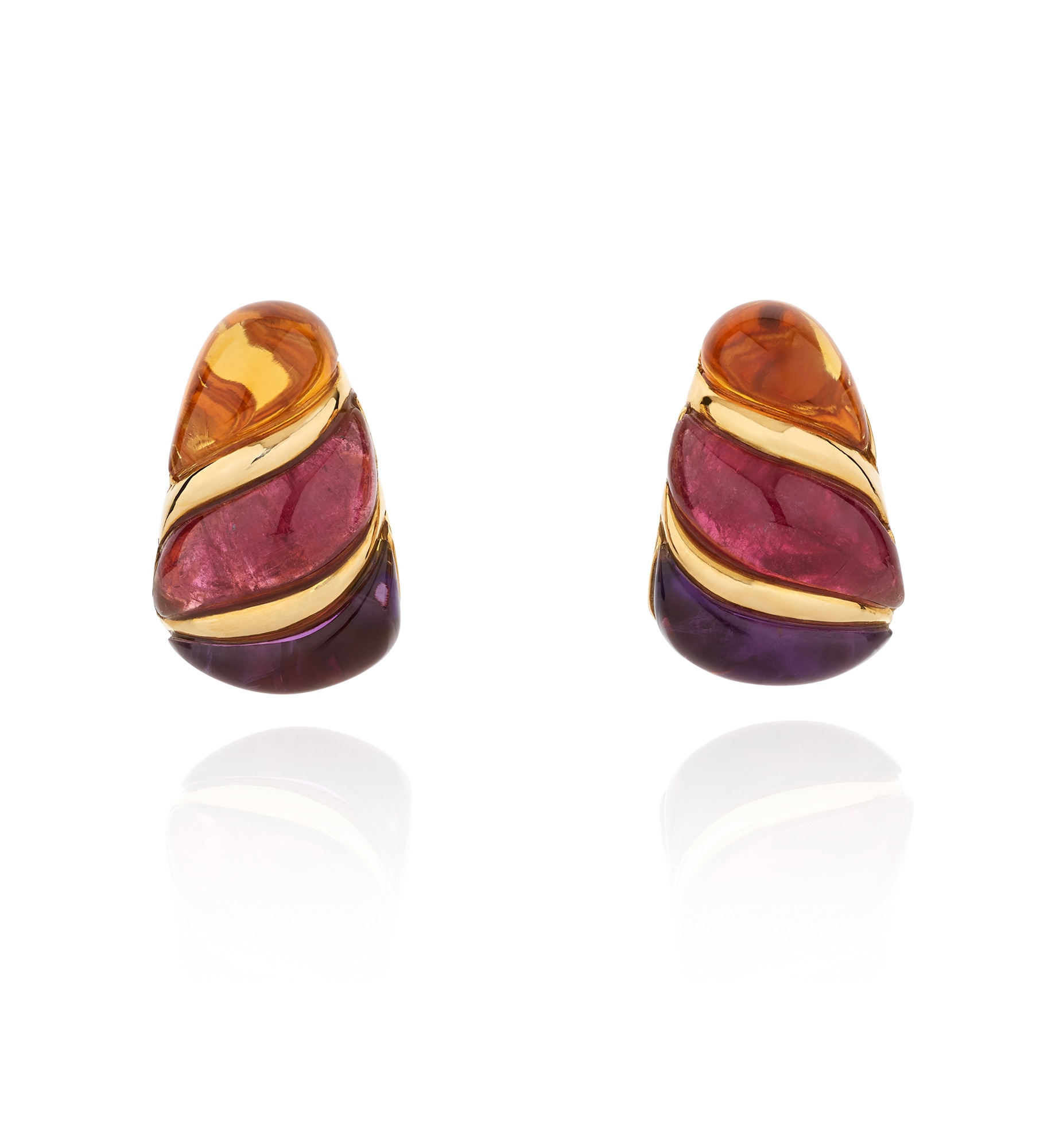 <p><strong>BULGARI</strong>&nbsp;<em>Pair of citrine, amethyst and tourmaline ear clips</em>, circa 1990</p>
