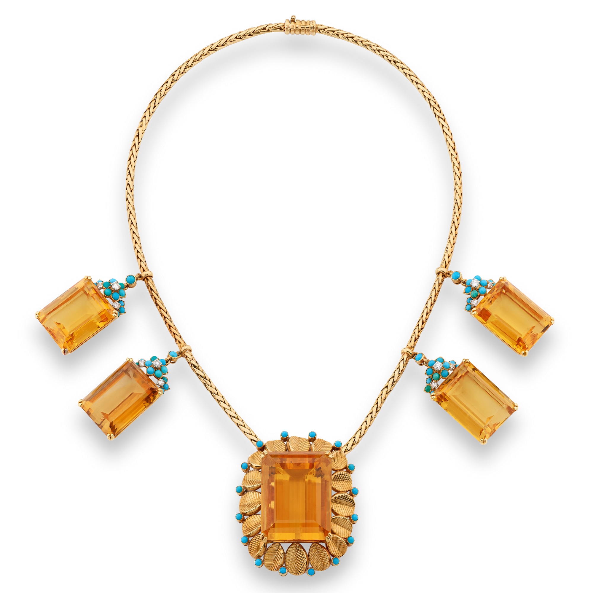 <p><strong>CARTIER</strong>&nbsp;C<em>itrine, turquoise and diamond necklace, 1960s</em></p>
