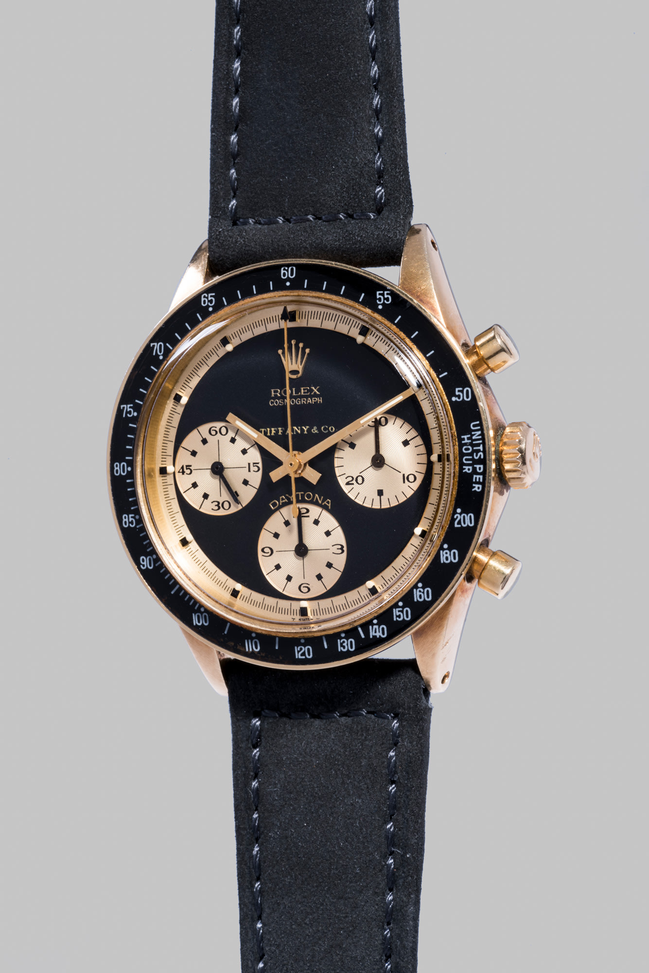 <b>ROLEX</b> Reference 6241, circa 1969. A fine, rare, important and probably unique 14k yellow gold chronograph wristwatch, retailed by Tiffany &amp; Co.