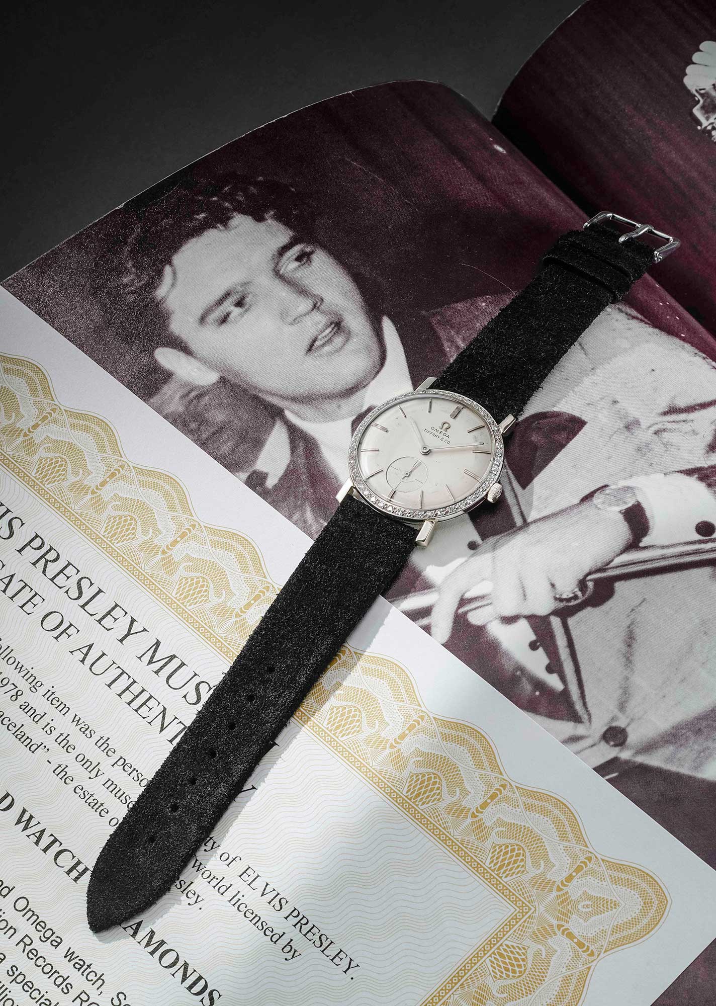 An attractive white gold Omega wristwatch with diamond-set bezel and subsidiary seconds, formerly belonging to Elvis Presley