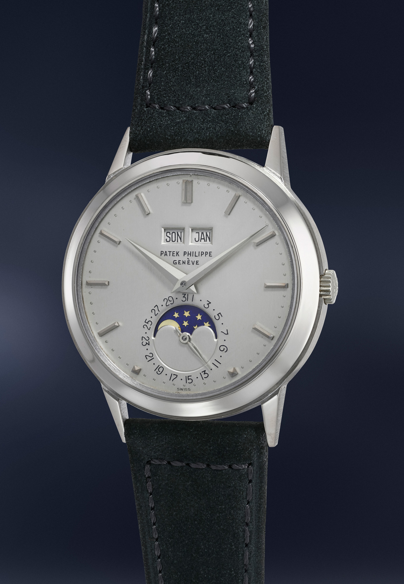 <p>A very rare and well‐preserved white gold perpetual calendar Patek Philippe Ref. 3448 with moonphase indication, German calendar, setting pin and presentation box.</p>
