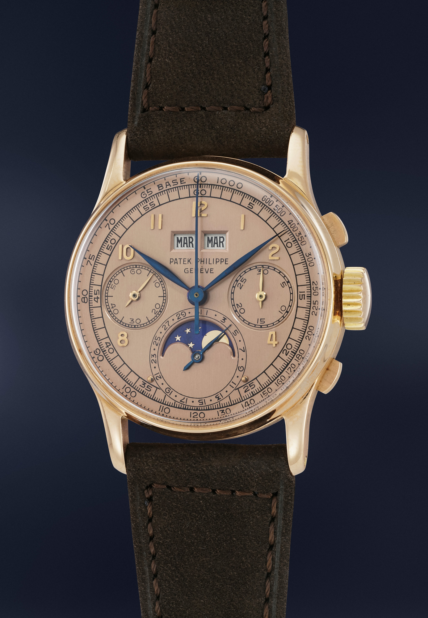 <p>A highly rare, exceptionally well-preserved and attractive pink gold perpetual calendar chronograph Patek Philippe Ref. 1518 with pink dial and moonphases, from the personal collection of Jean-Claude Biver</p>
