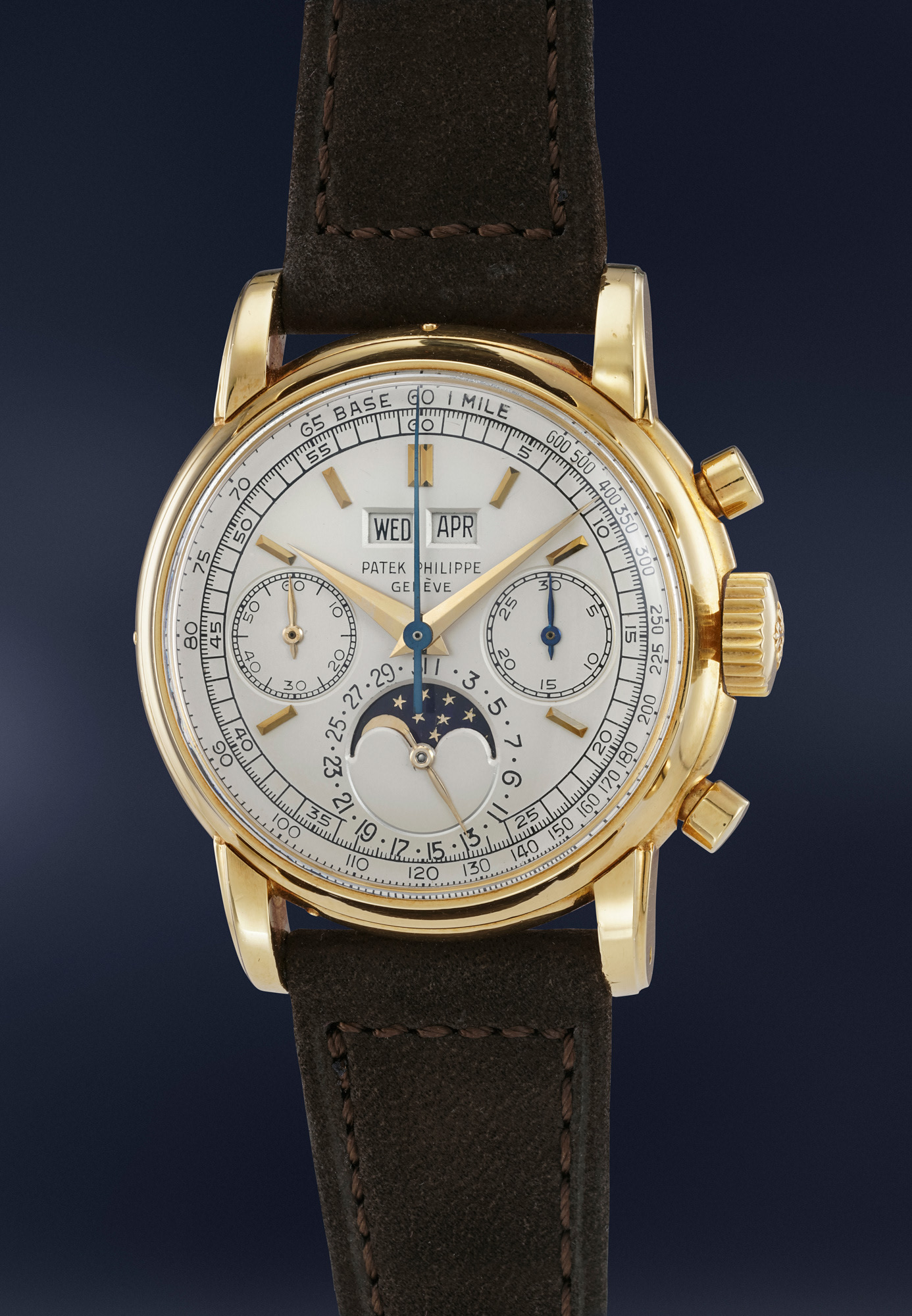 <p>An extremely rare, highly important and well preserved yellow gold perpetual calendar chronograph Patek Philippe Ref 2499 with moonphases, from the personal collection of Jean-Claude Biver</p>
