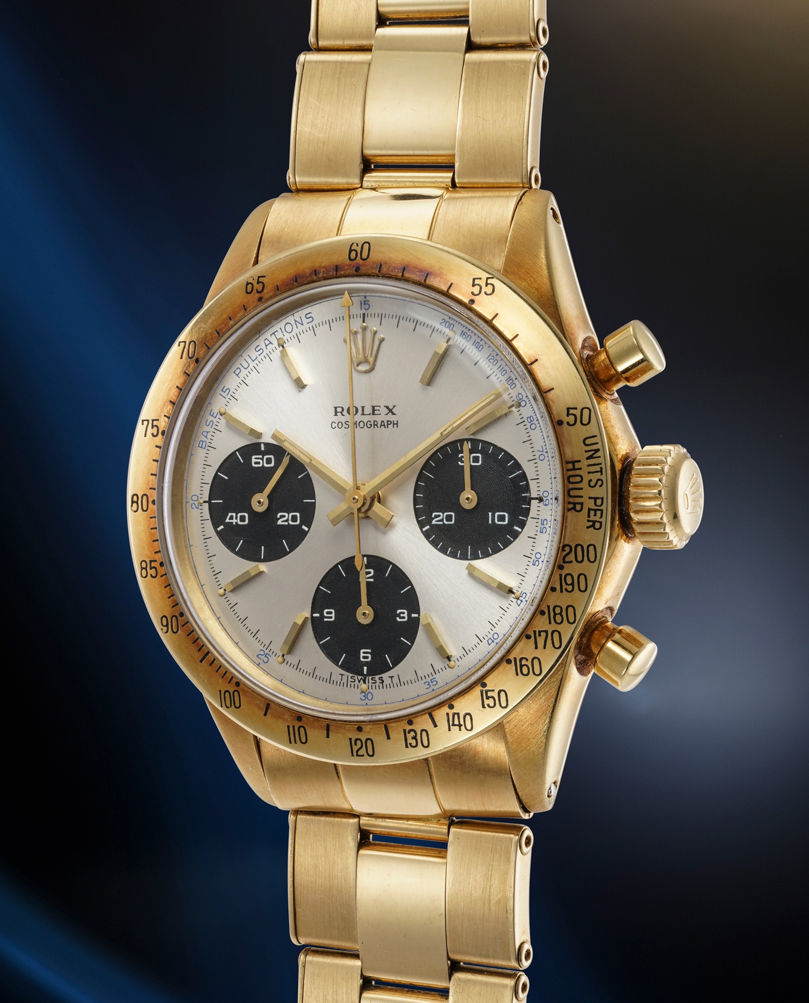 <p><strong>Rolex.</strong>&nbsp;Cosmograph Daytona Ref. 6239 &ldquo;Crazy Doc&rdquo;, &nbsp;the only known pulsation dial Ref. 6239 in yellow gold, formerly the property of Eric Clapton CBE</p>
