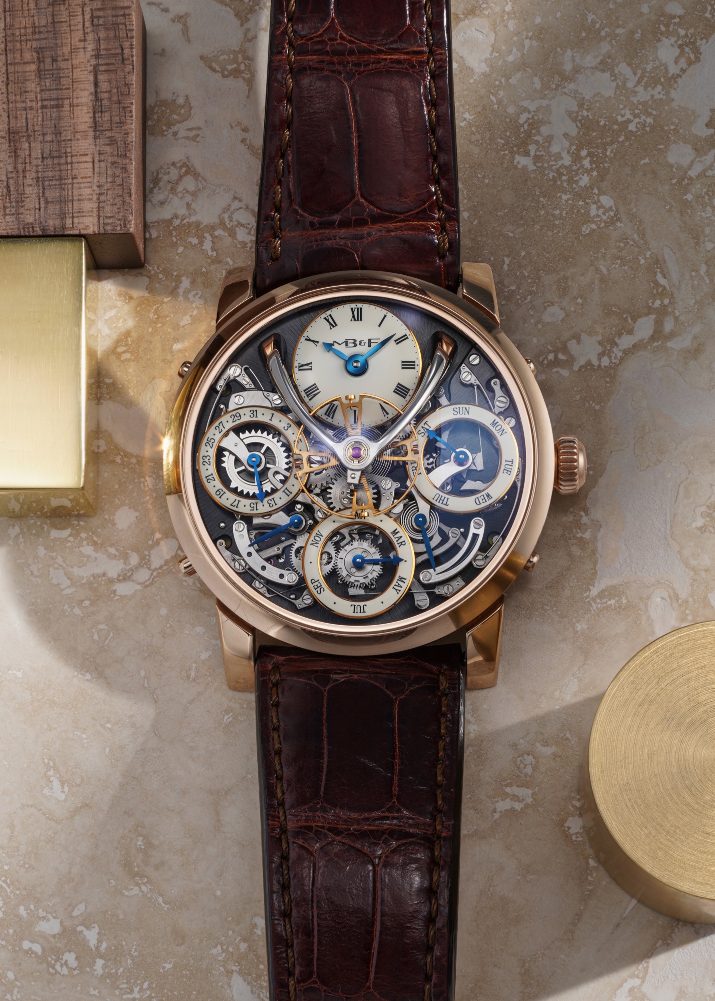 <p><strong>MB&amp;F</strong>&nbsp;<em>An exceptional and cutting edge limited edition pink gold openwork perpetual calendar wristwatch with flying balance wheel, power reserve, warranty and presentation box, number 6 of a limited edition of 25 pieces</em></p>
