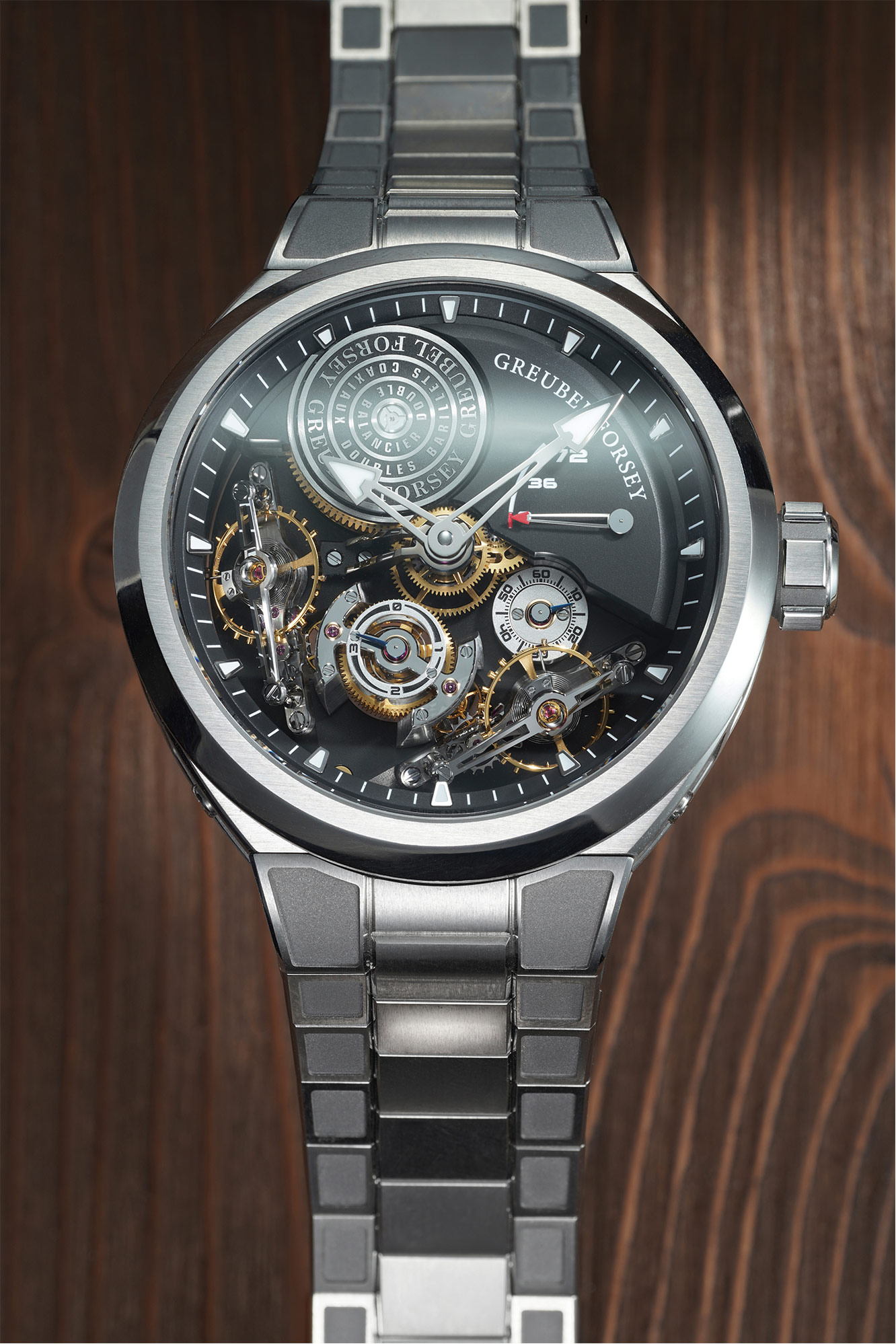 <p><strong>GREUBEL FORSEY </strong><em>Double Balancier Convexe in titanium, part of a limited edition of 66 pieces</em></p>
