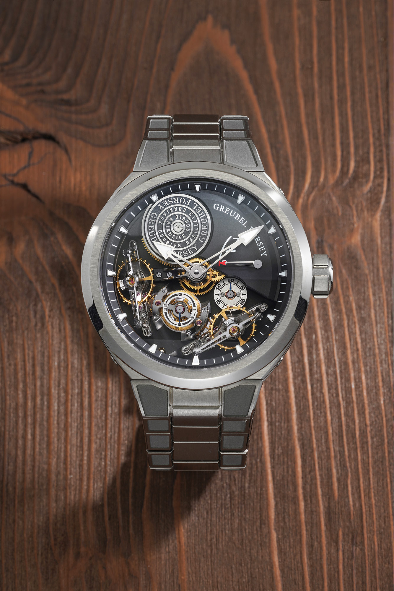 <p><strong>GREUBEL FORSEY </strong><em>Double Balancier Convexe in titanium, part of a limited edition of 66 pieces</em></p>