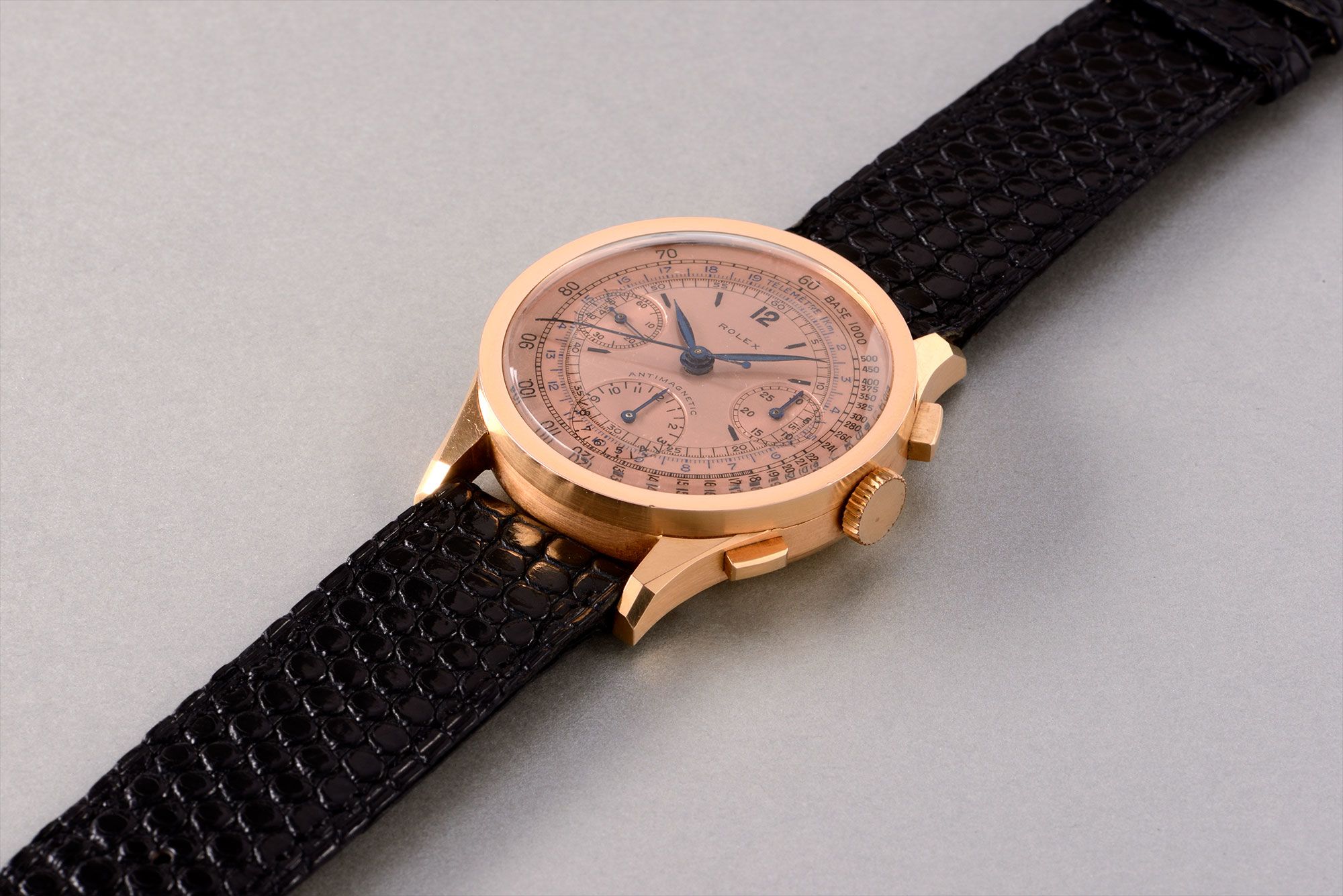 <b>ROLEX </b>An extremely rare and attractive pink gold antimagnetic chronograph wristwatch with rose coloured dial, reference 3330. Manufactured in 1941.