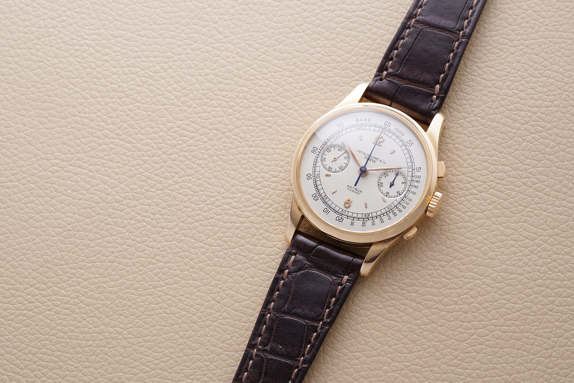 The only known pink gold Patek Philippe chronograph reference 530 retailed by Astrua Torino