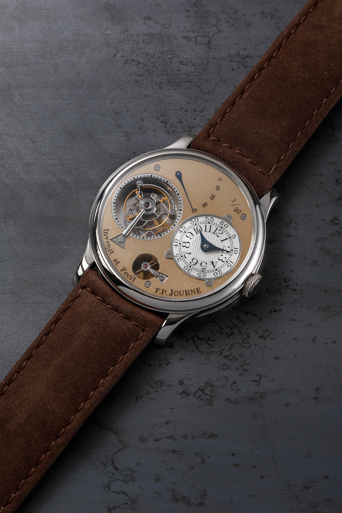 <p><strong>F.P. JOURNE</strong> A historically important and extremely rare platinum tourbillon wristwatch with remontoir d&rsquo;egalit&eacute;, number 1 of a 20 pieces subscription series, made in 1999.</p>

