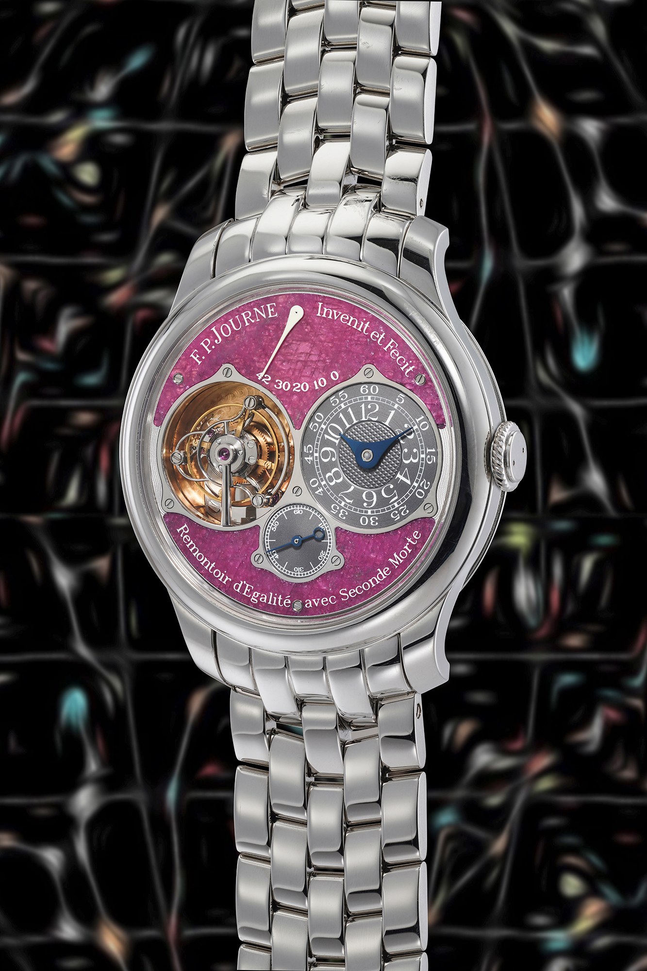 <p><strong>F.P.JOURNE</strong> <em>Tourbillon Souverain in platinum with ruby heart dial</em></p>
