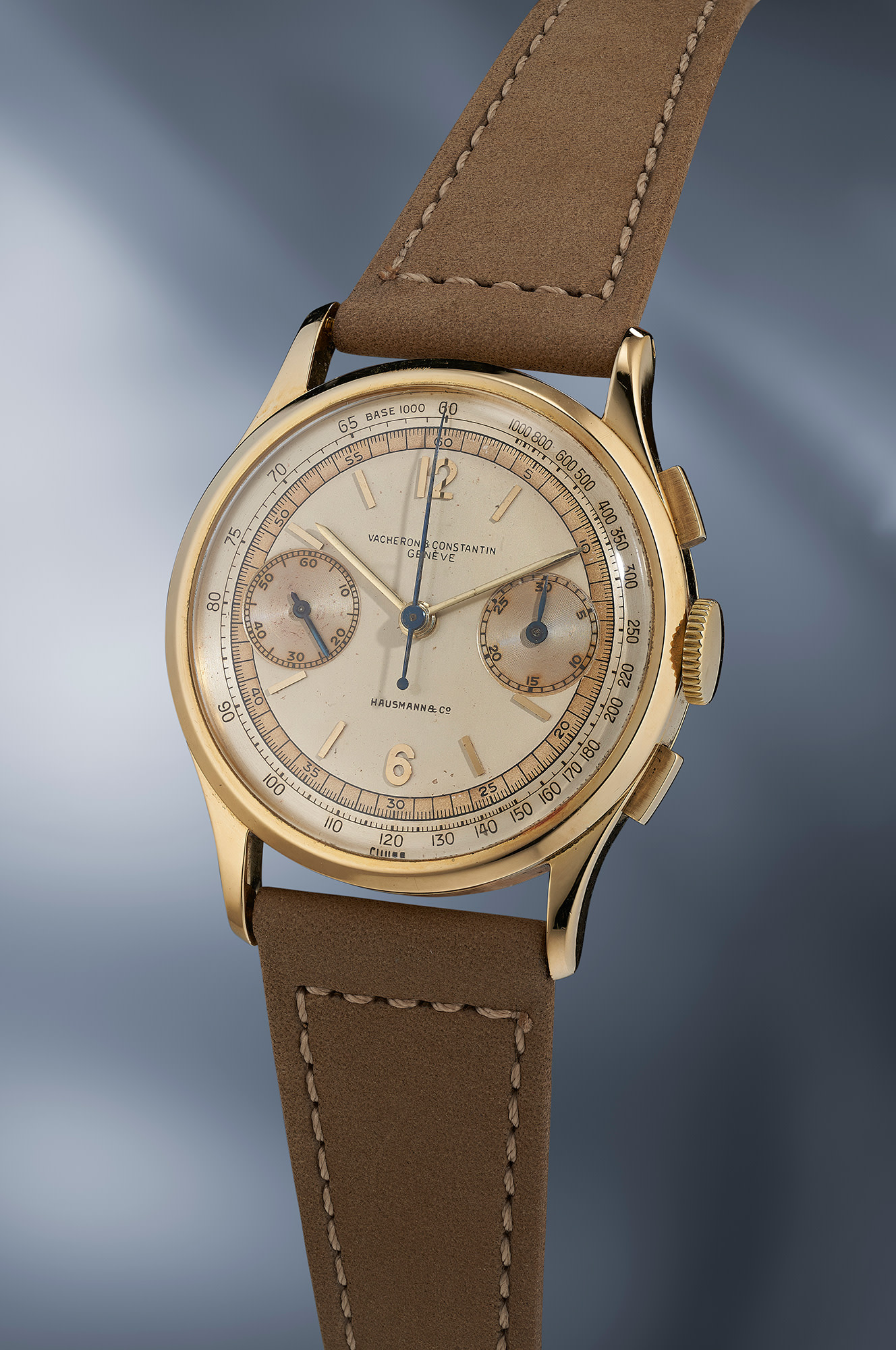 A very attractive and rare yellow gold Vacheron Constantin Reference 4072 chronograph with three-tone dial, retailed by Hausmann &amp; Co.