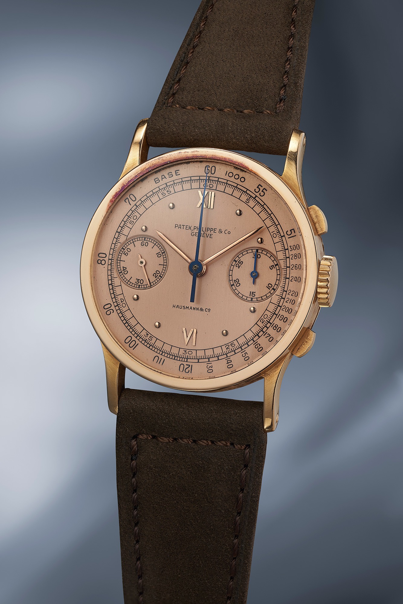 A highly rare and exceptionally well-preserved pink gold Patek Philippe Reference 533 chronograph, retailed by Hausmann &amp; Co.