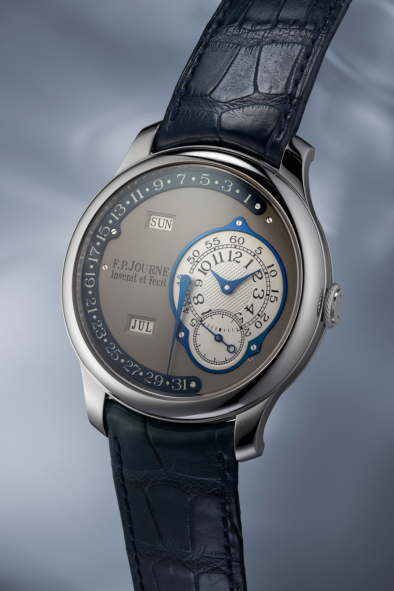 A unique attractive platinum F.P: Journe annual calendar with retrograde date made for John Asprey in celebration of the tenth anniversary of William &amp; Son.