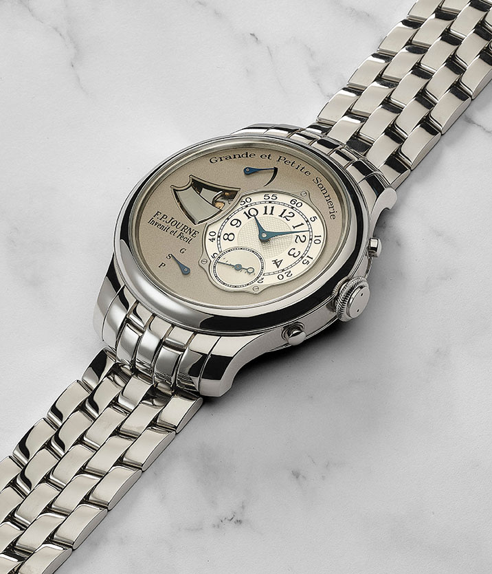 <p>A spectacular and rare minute repeating grande and petite sonnerie F.P. Journe, in stainless steel&nbsp;</p>
