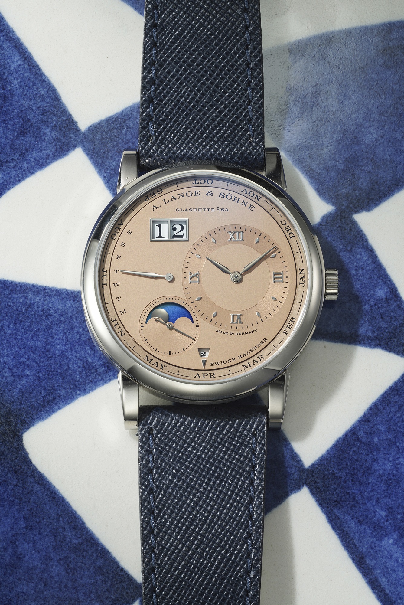 <p><strong>A.LANGE &amp; S&Ouml;HNE</strong> <em>Lange 1 Perpetual Calendar in 18k white gold, limited edition of 150 pieces</em></p>
