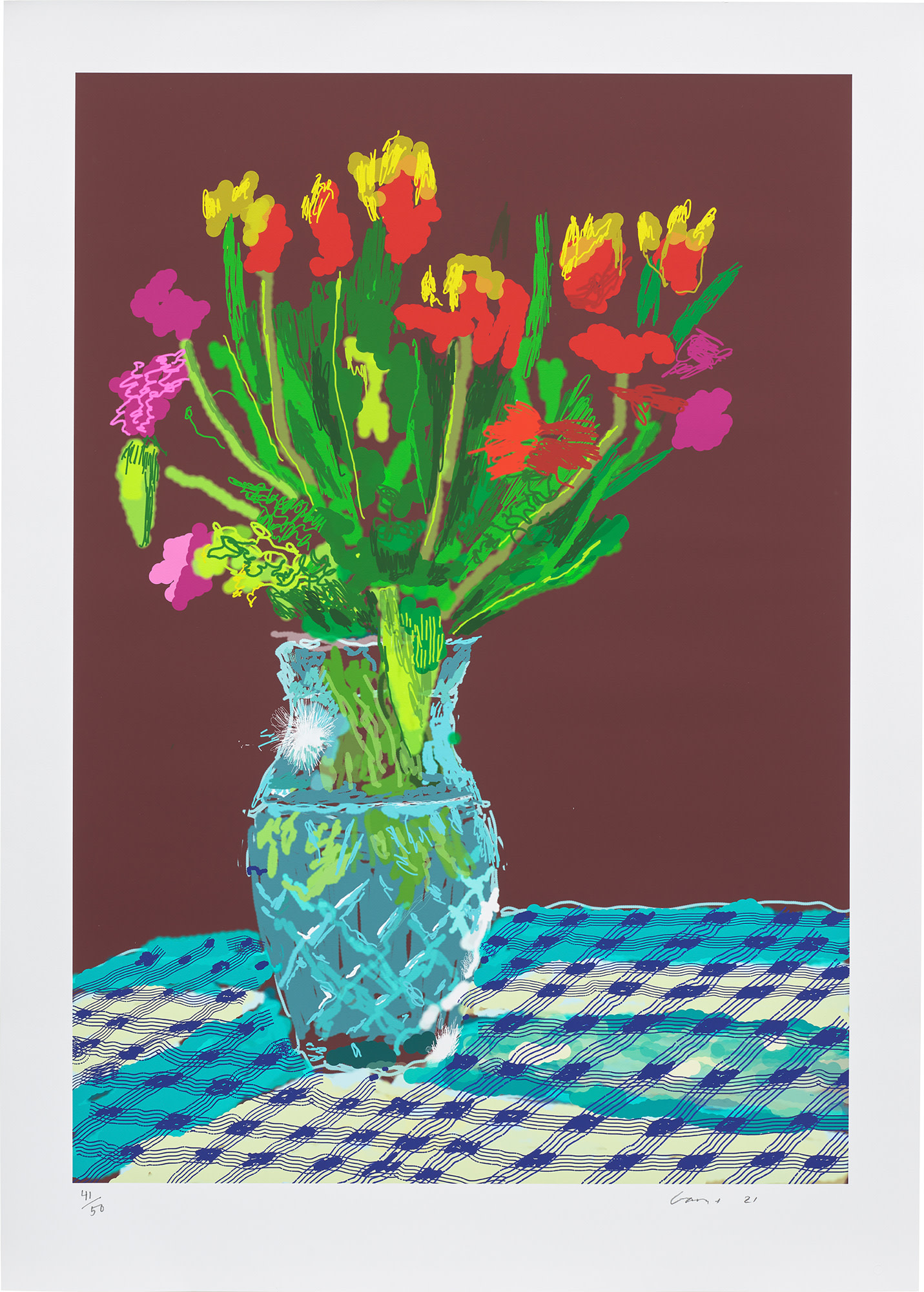<p><strong>DAVID HOCKNEY</strong>&nbsp;<em>20th February 2021, Red, Yellow and Purple Flowers on a Blue Tablecloth,</em>&nbsp;2021</p>
