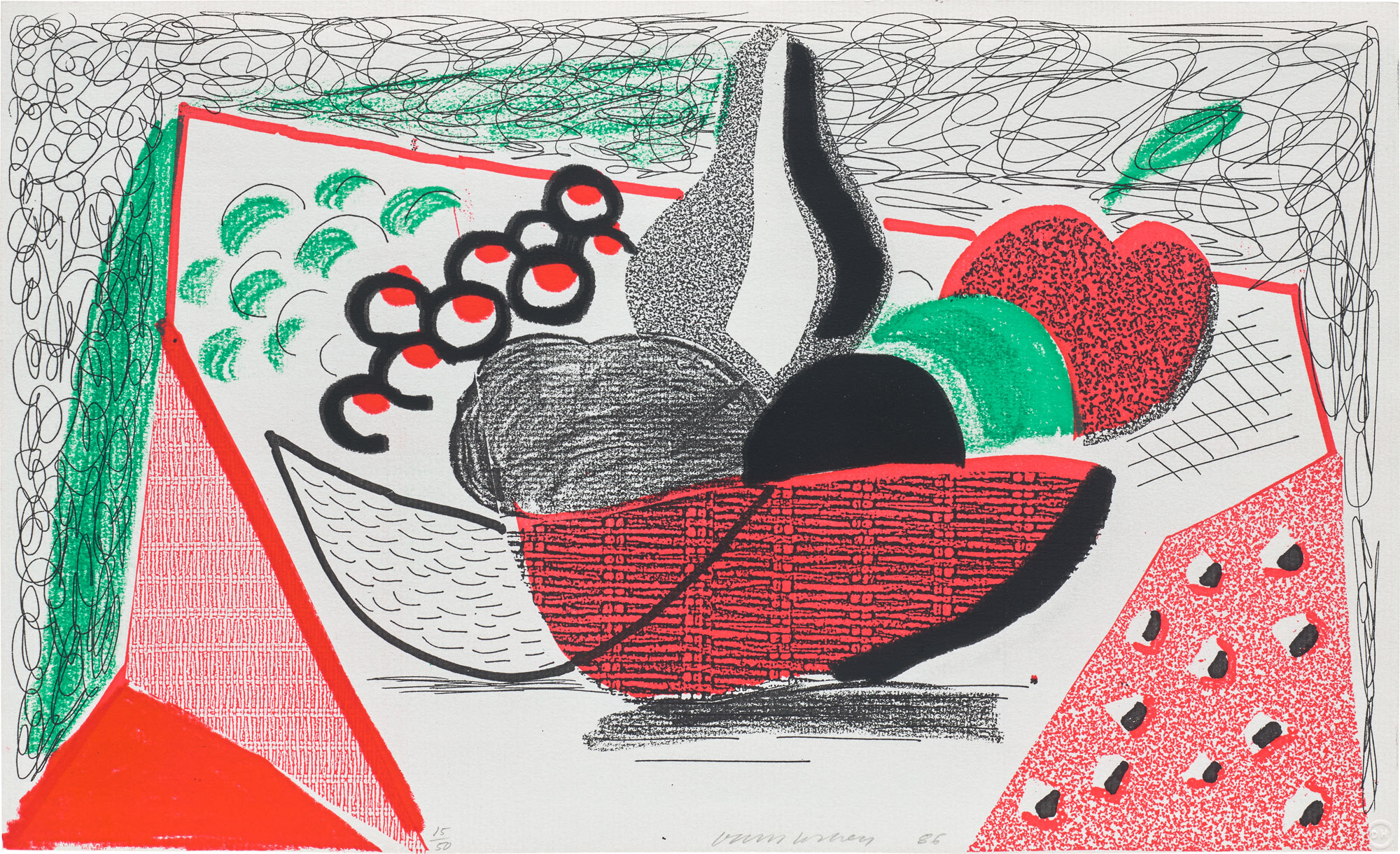 <p><strong>DAVID HOCKNEY</strong>&nbsp;<em>Apples, Pears &amp; Grapes, May 1986,</em>&nbsp;1986</p>
