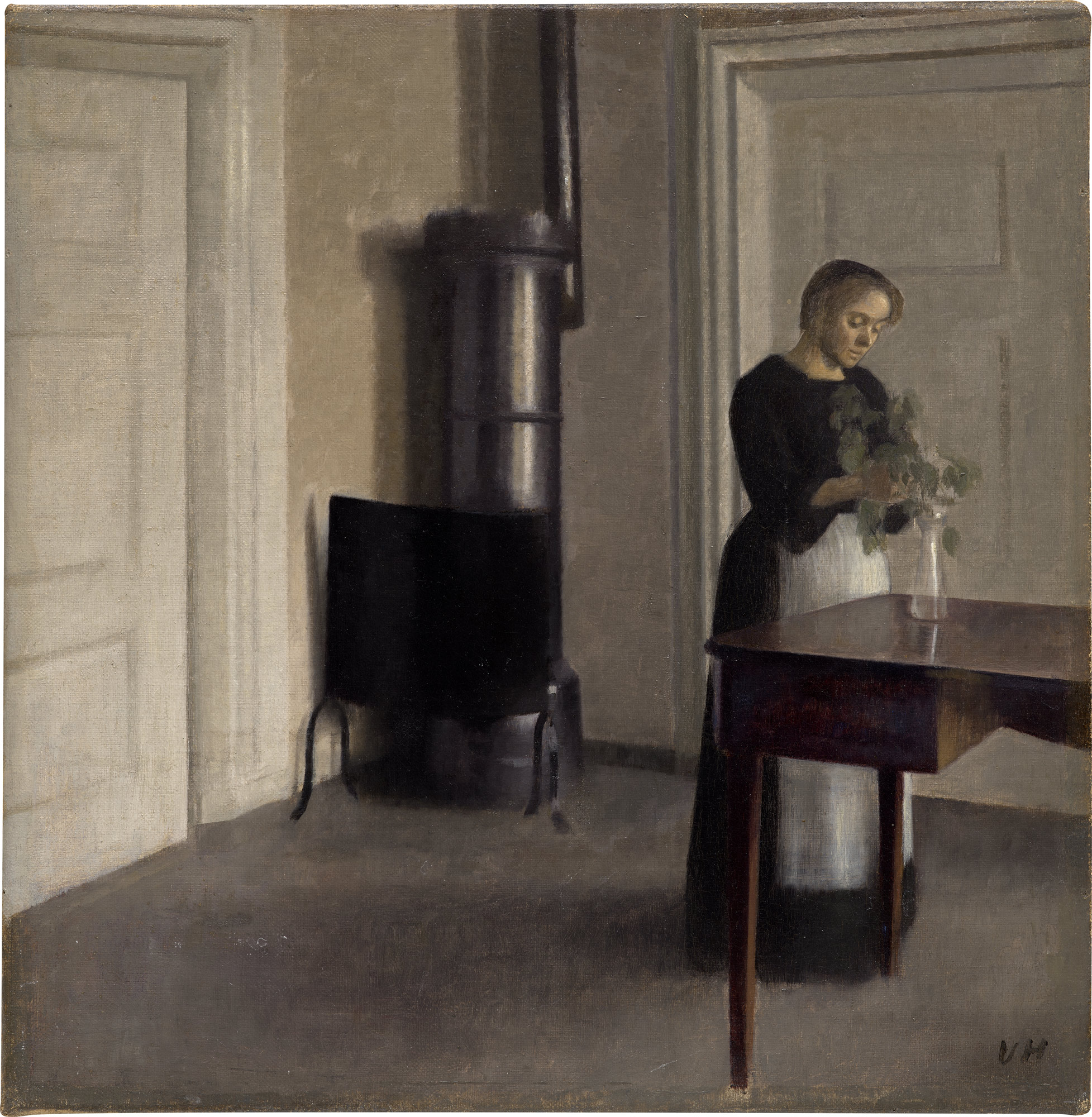 <p><strong> VILHELM HAMMERSHØI </strong><em>Interior of Woman Placing Branches in Vase on Table,</em> 1900</p>