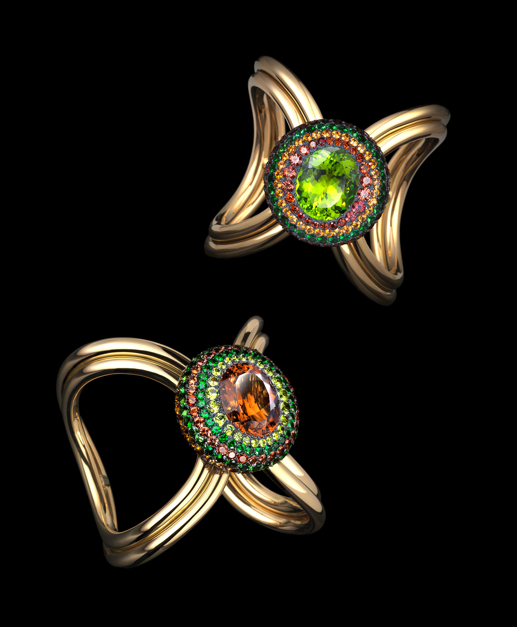 <b>XO CUFFS</b> peridot, tourmalines, spinels, garnets, silver and gold &#169; Lauren Adriana, photographed by Richard Valencia