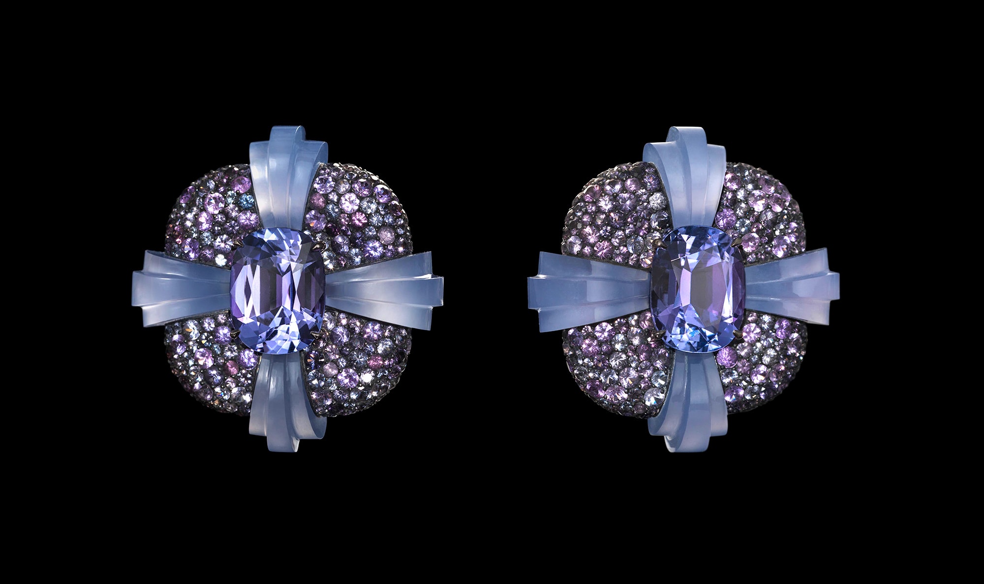 <b>TORUS EARRINGS</b> tanzanites, spinels, chalcedony, silver and gold &#169; Lauren Adriana, photographed by Richard Valencia