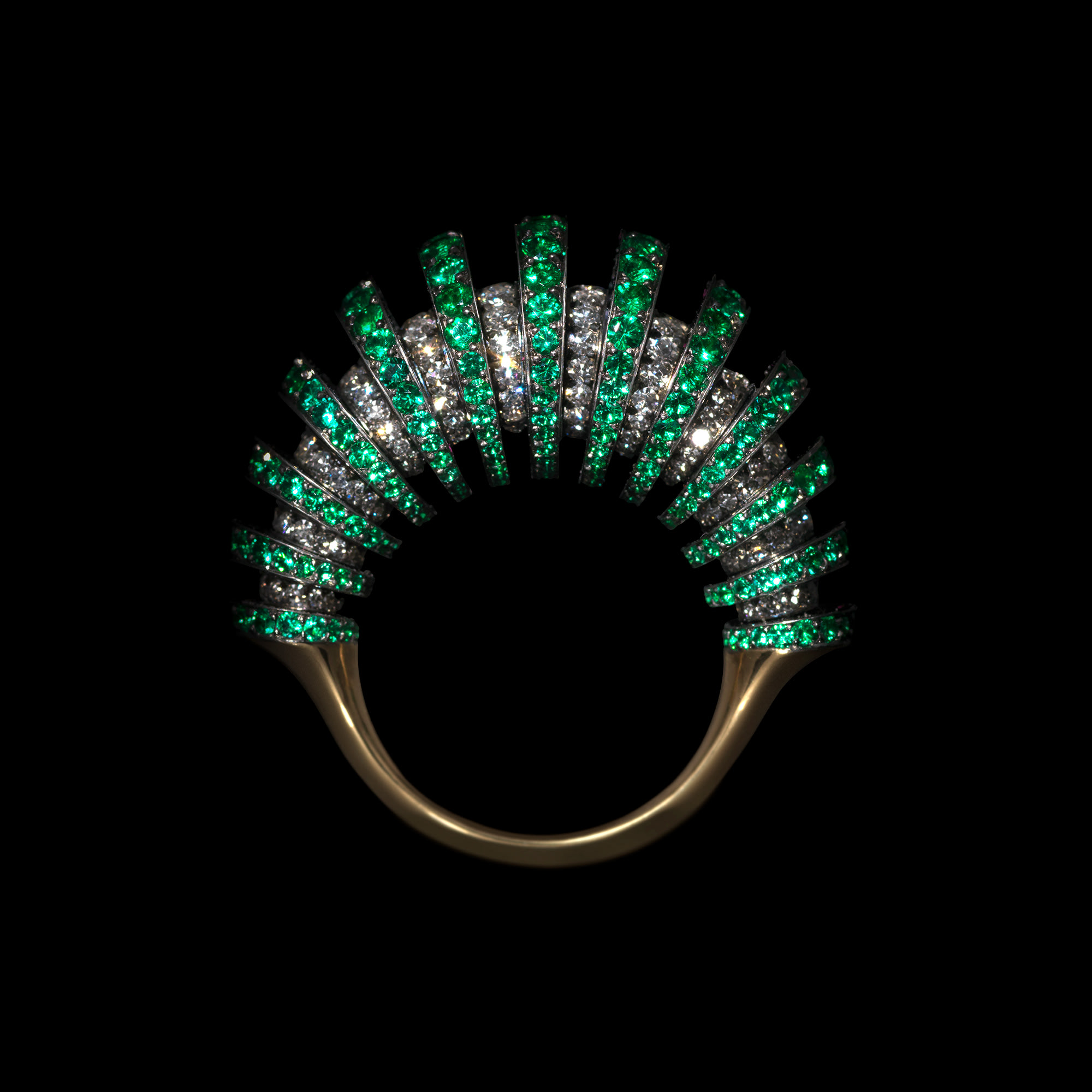 <b>TUBE RING </b>emeralds, diamonds and gold &#169; Lauren Adriana, photographed by Richard Valencia