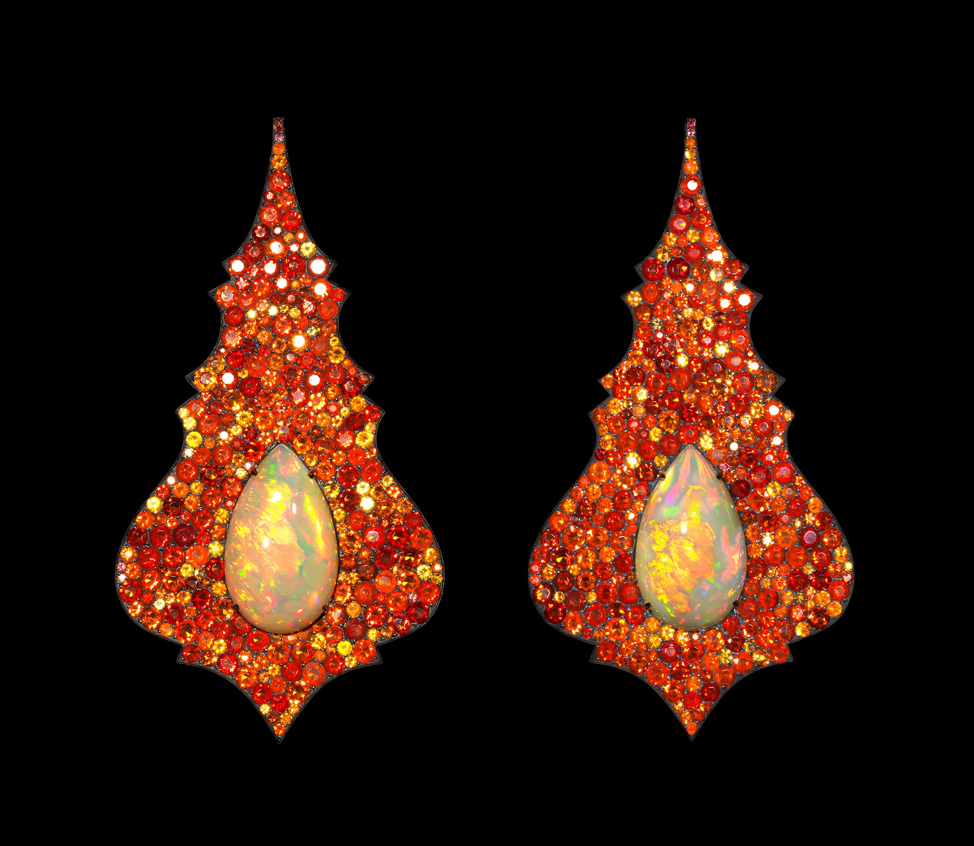 <b>CHANDELIER EARRINGS</b> ethiopian opals, fire opals, silver and gold &#169; Lauren Adriana, photographed by Richard Valencia