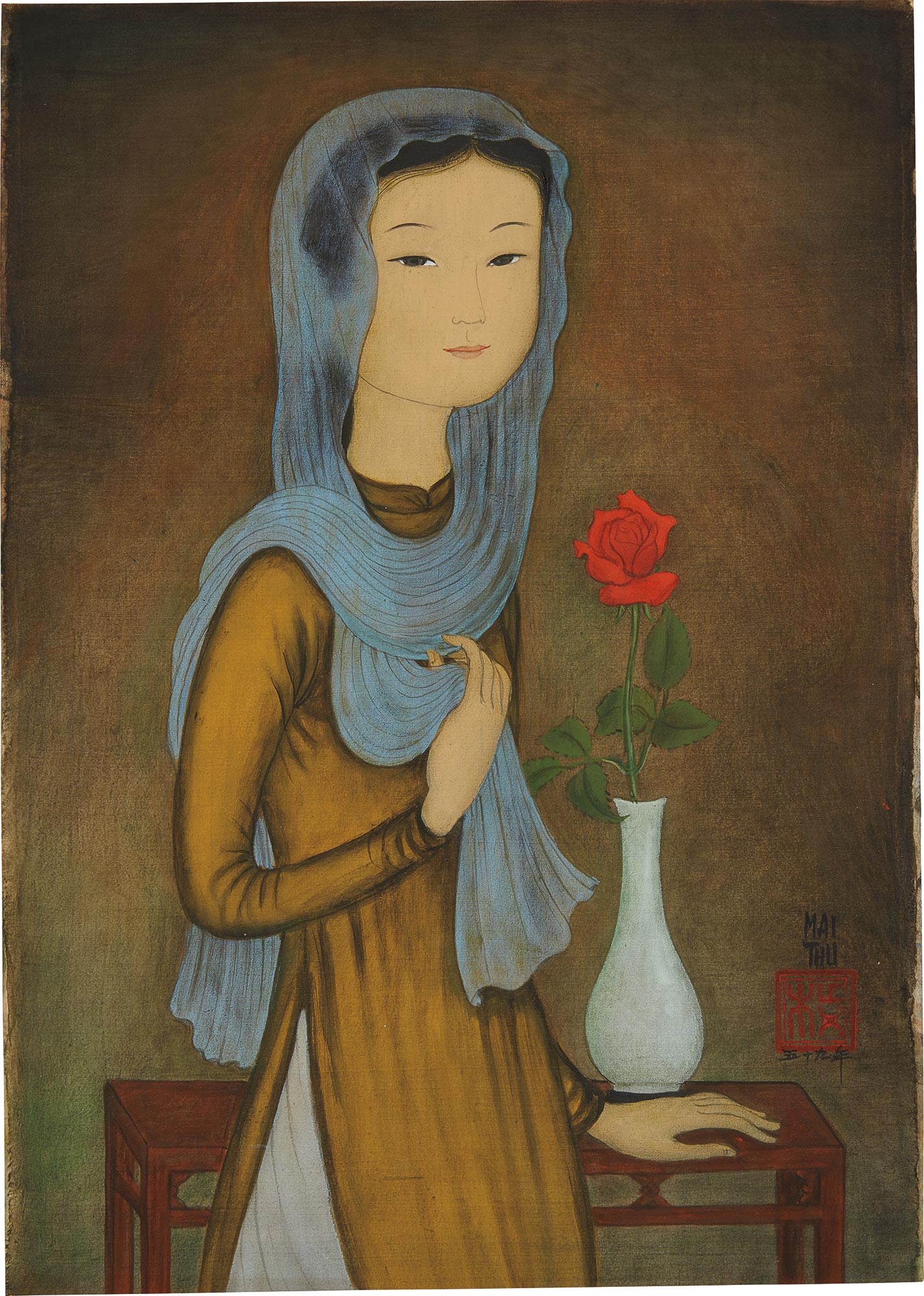 <p><strong>MAI TRUNG THU</strong> <em>La Rose Rouge (J. femme &agrave; l&rsquo;&eacute;charpe)</em>, 1959</p>
