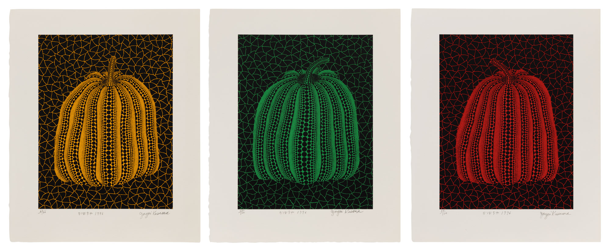 <p><strong>YAYOI KUSAMA</strong> <em>Pumpkin (YT); Pumpkin (GT); and Pumpkin (RT) (K. 228-230)</em>, 1996</p>
