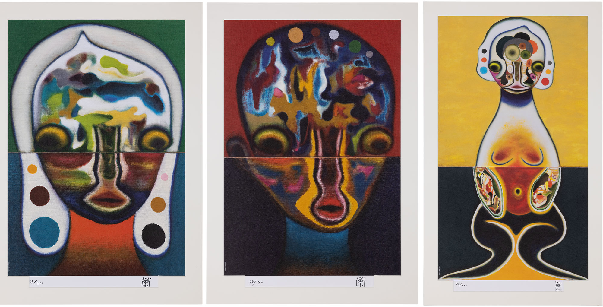 <p><strong>IZUMI KATO</strong> <em>Untitled 1 (Homme Rouge); Untitled 2 (Femme Verte); and Untitled 3 (Jaune)</em>, 2020</p>