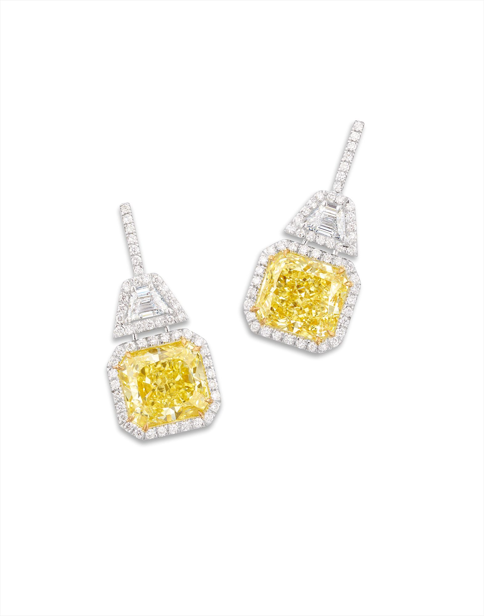 A Pair of Fancy Yellow Diamond and Diamond Earrings<br />