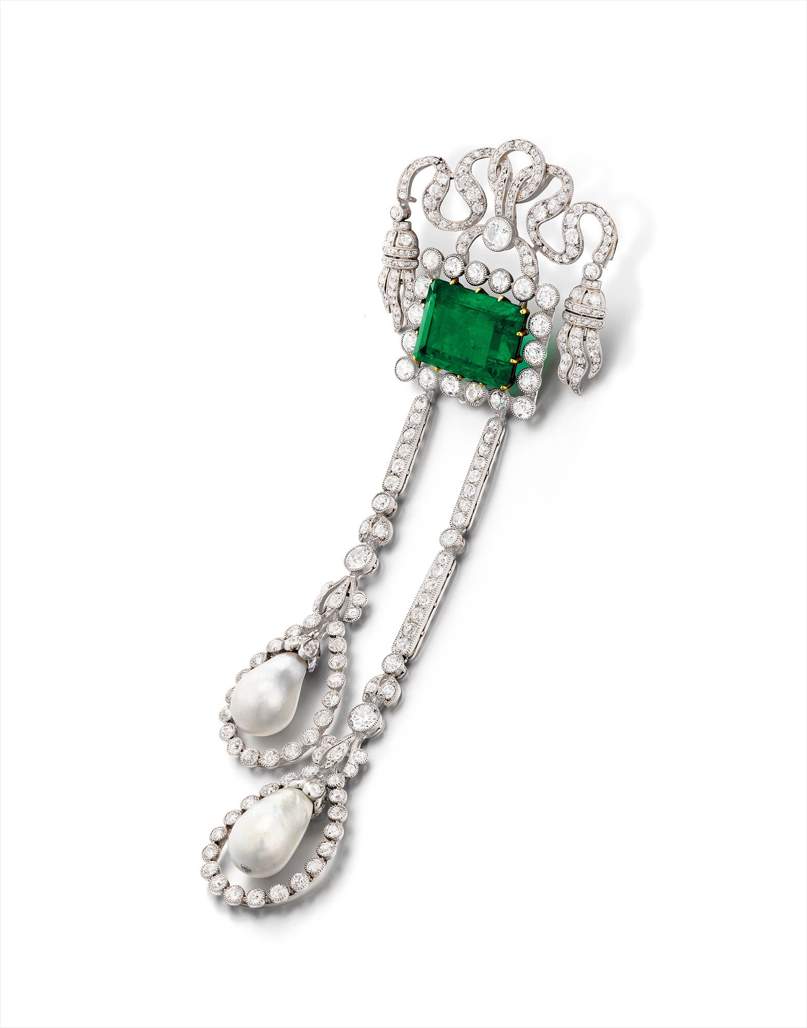 A Belle Époque Emerald, Natural Pearl and Diamond Brooch, circa 1910