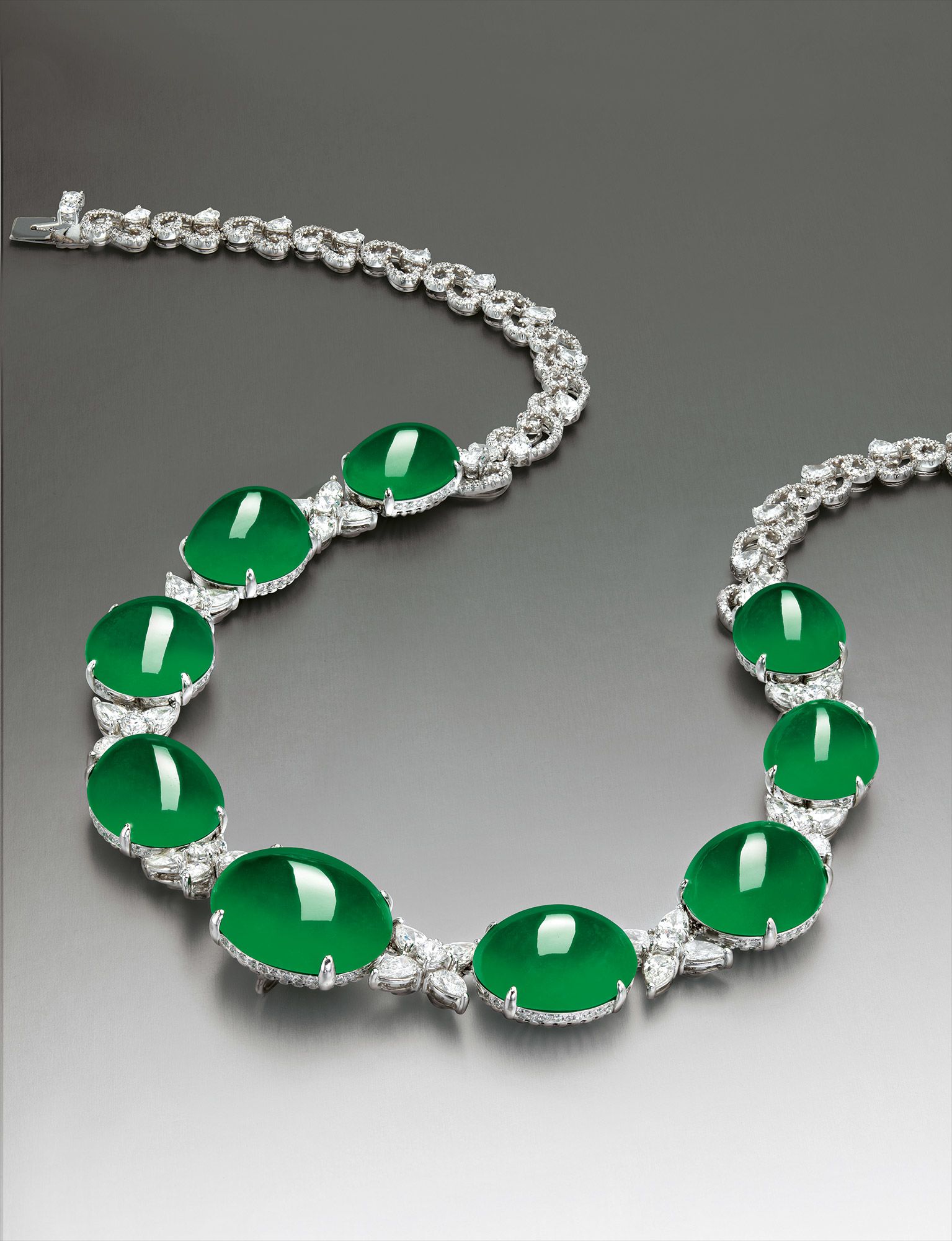 An Impressive Fine Jadeite Cabochon and Diamond Necklace