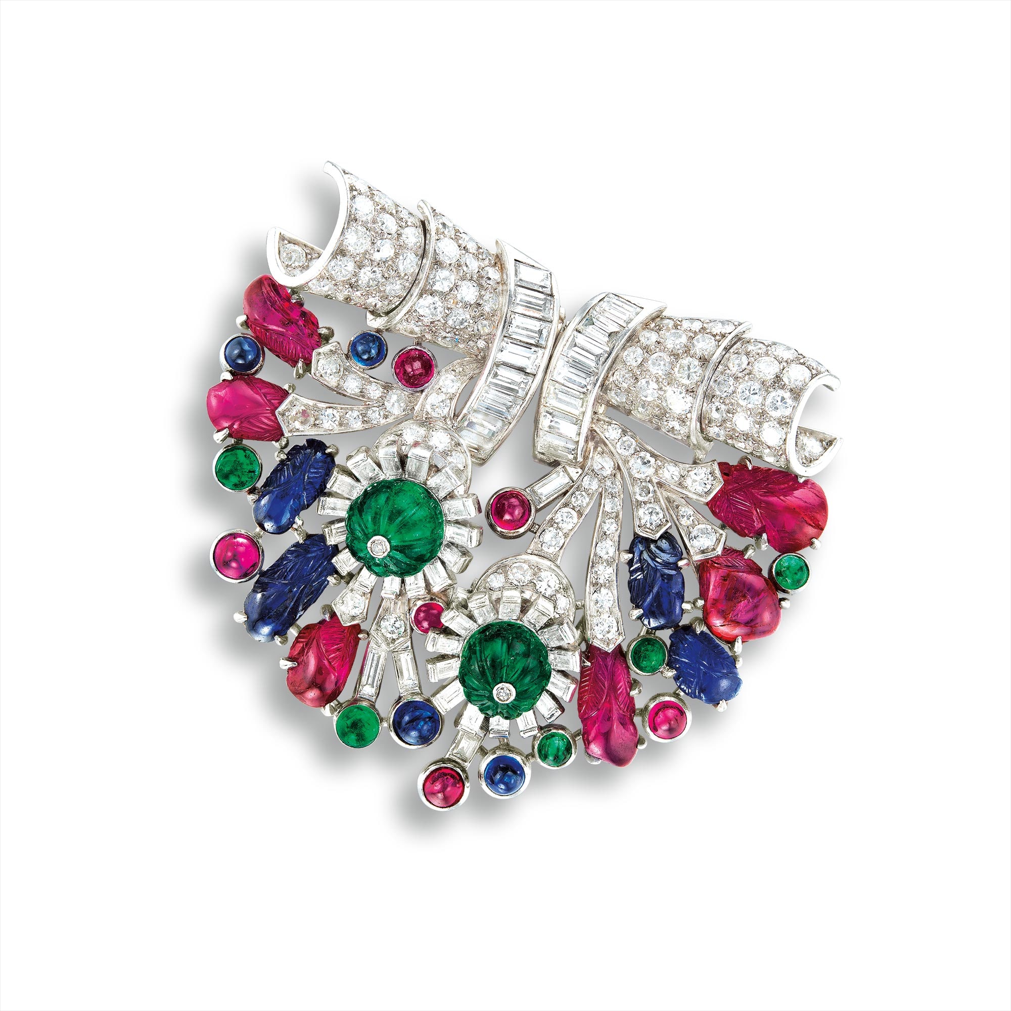 A Unique Art Deco Gem-set and Diamond 'Tutti Frutti' Double Clip Brooch, Henri Picq for Cartier Paris