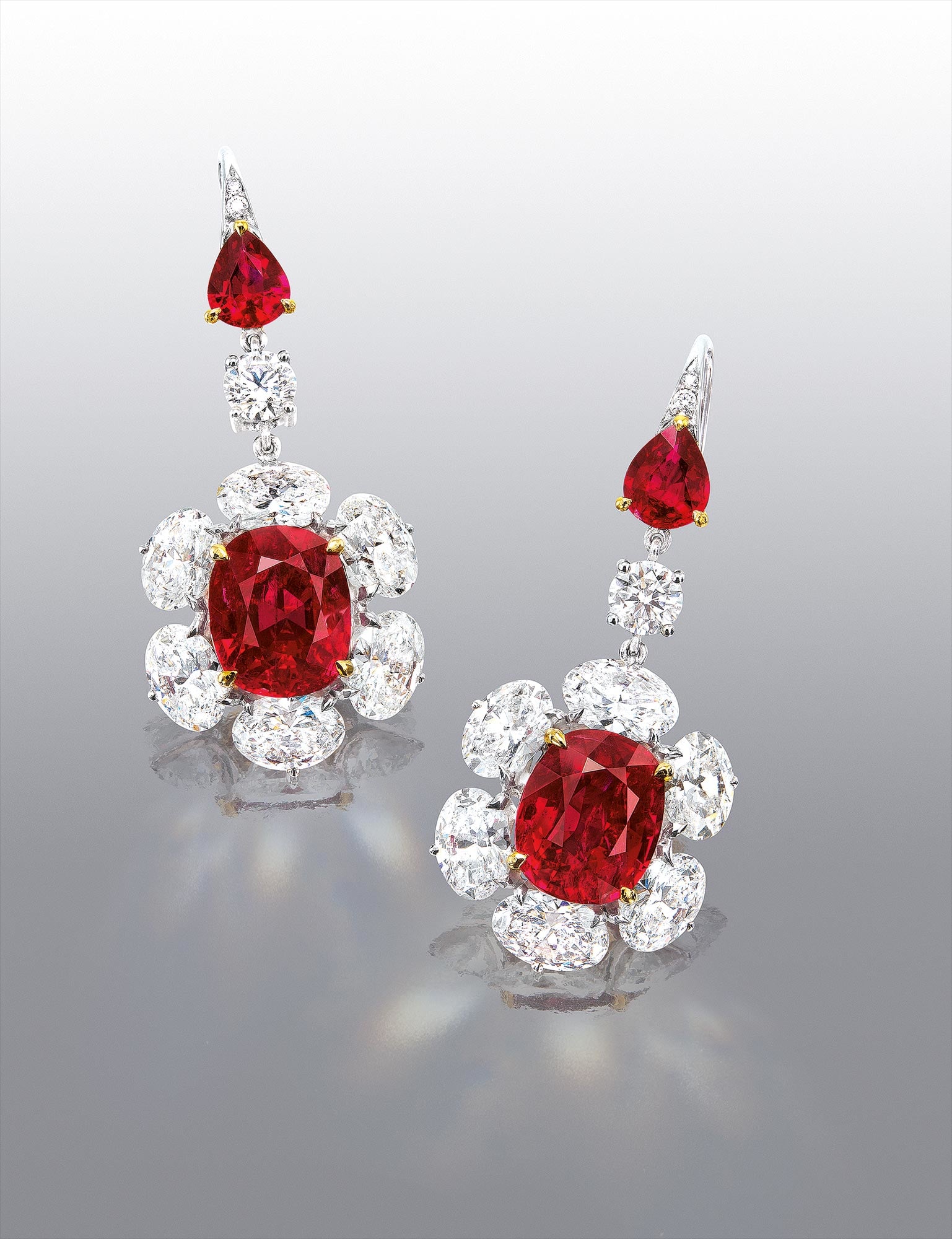 A Pair of Burmese Mogok Pigeon's Blood Red Ruby and Diamond Pendent Earrings<br />