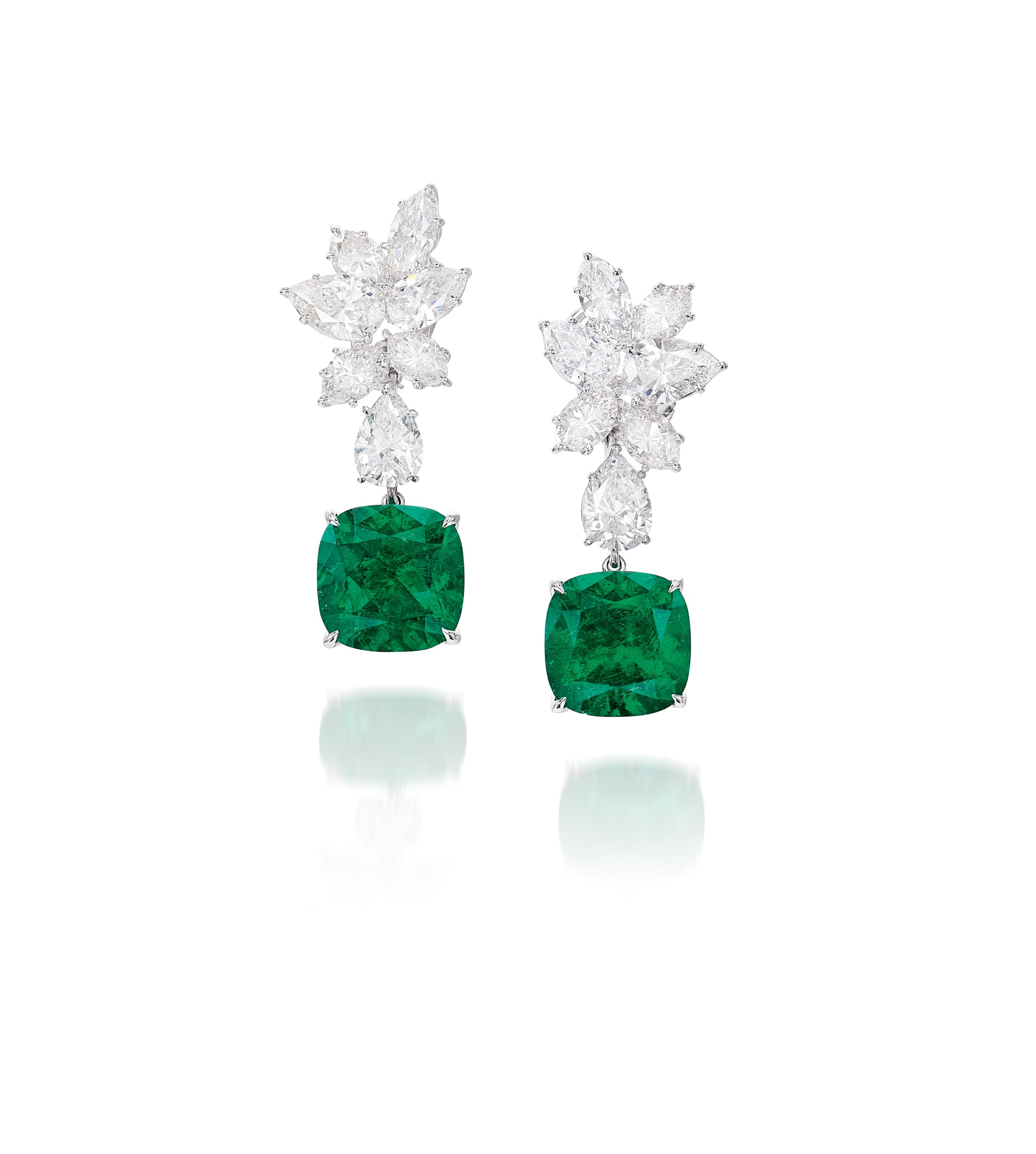 <p><strong>HARRY WINSTON.</strong> A Pair of Emerald and Diamond Earrings, Tops Signed by Harry Winston</p>