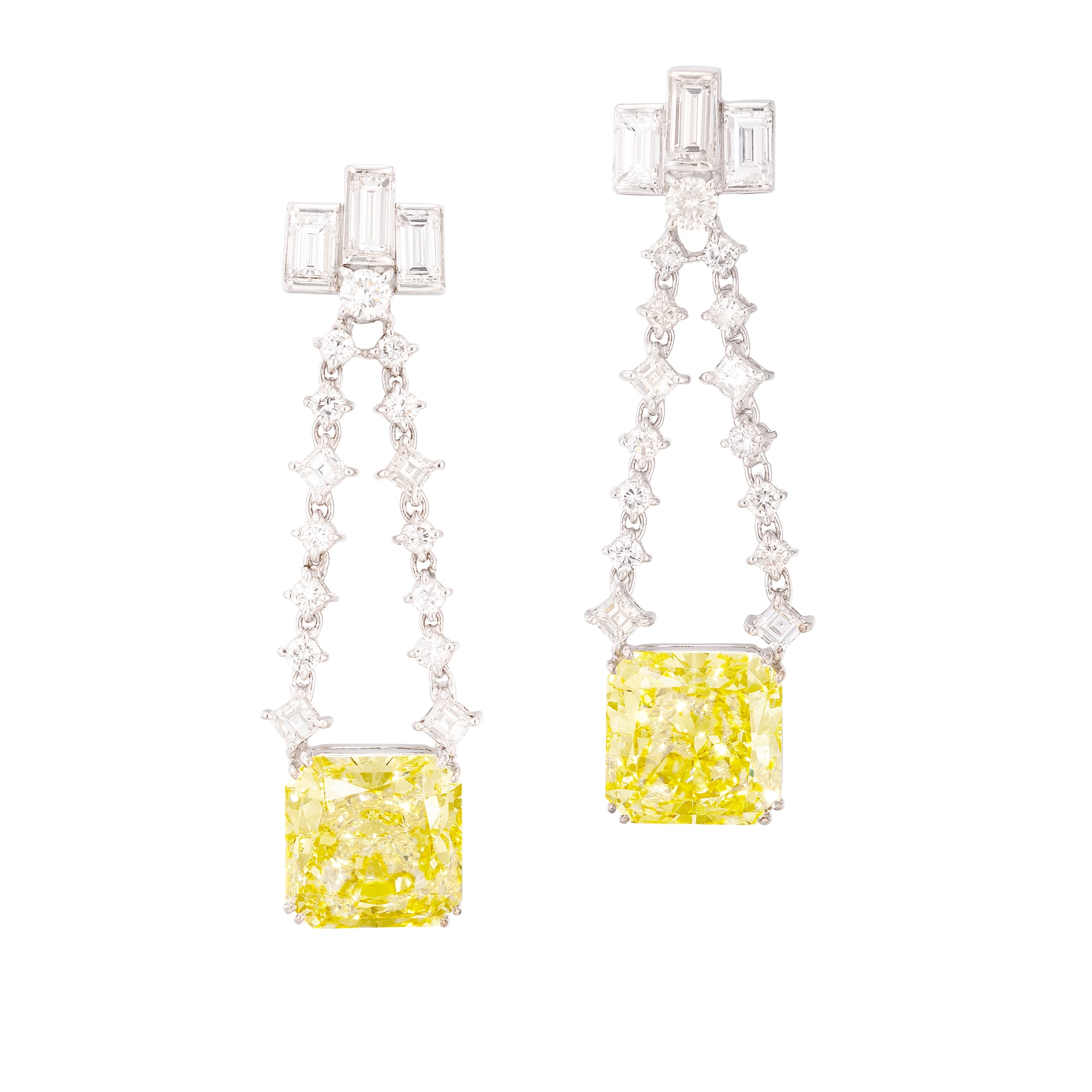 <p><em>Pair of Fancy Intense Yellow Diamond and Diamond Earrings weighing 7.05 and 7.28 carats</em></p>