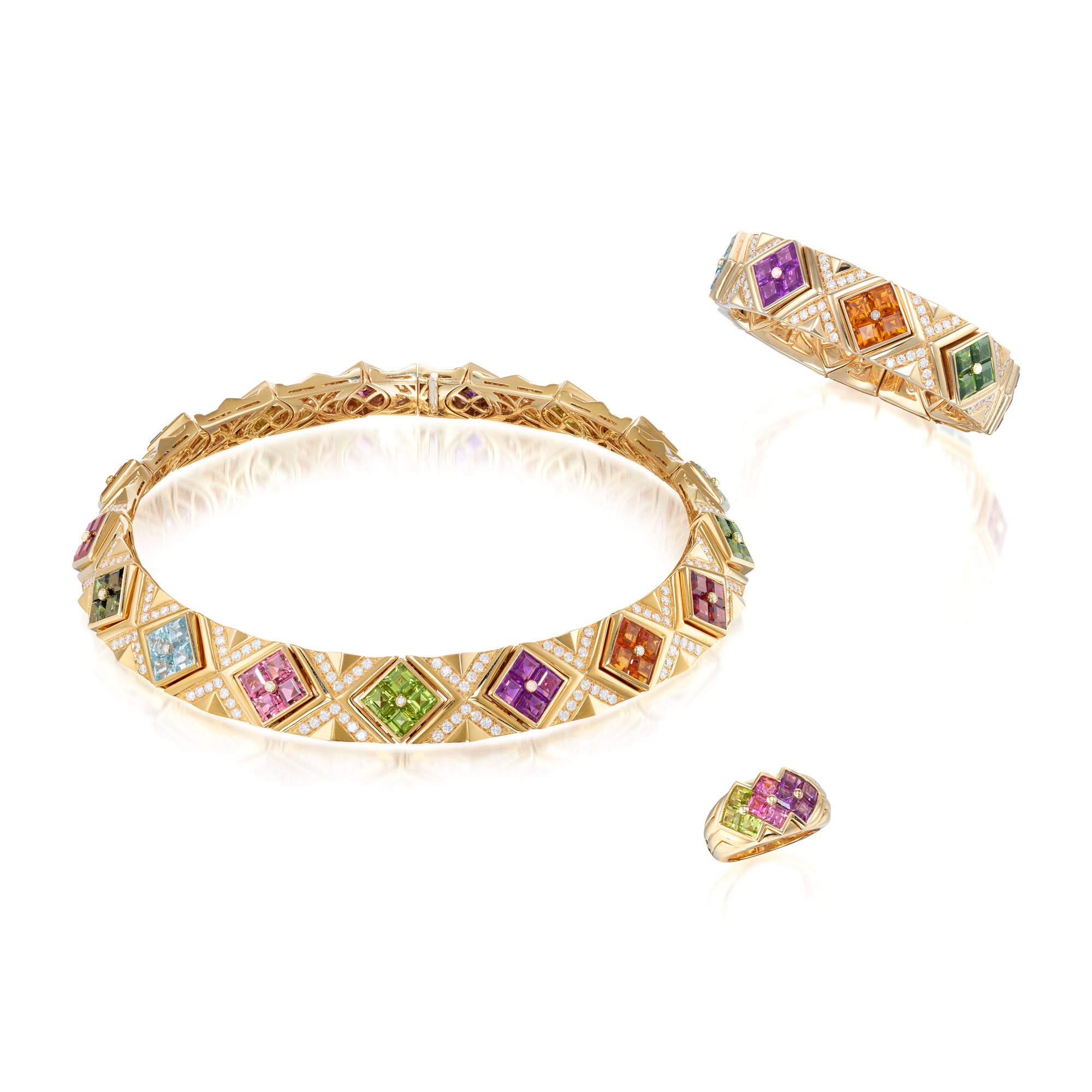 <p><strong>BULGARI</strong> <em>Gem Set and Diamond Demi-Parure</em>, 1988; and <em>Gem Set Ring, ‘Carré’</em></p>