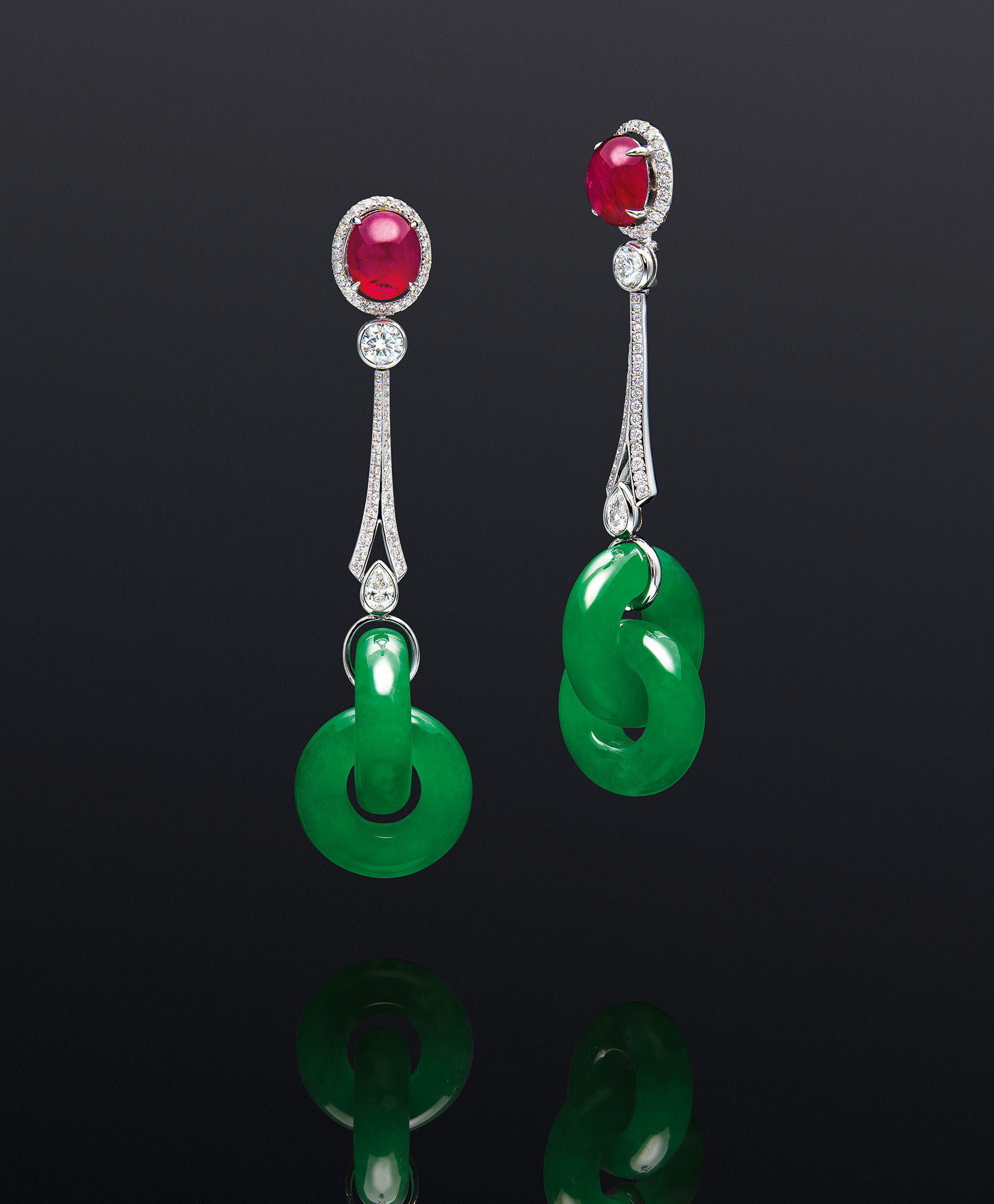 <p>A Pair of Jadeite Double-hoop, Ruby and Diamond Pendant Earrings</p>