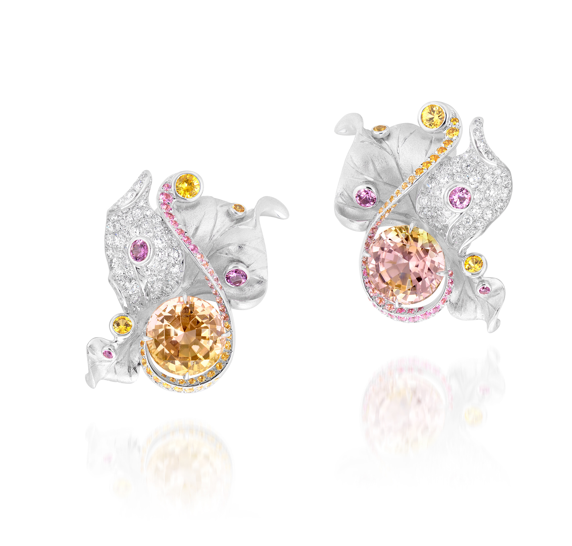 <p>A Pair of Bi-Colored Tourmaline, Coloured Sapphire and Diamond Earrings</p>