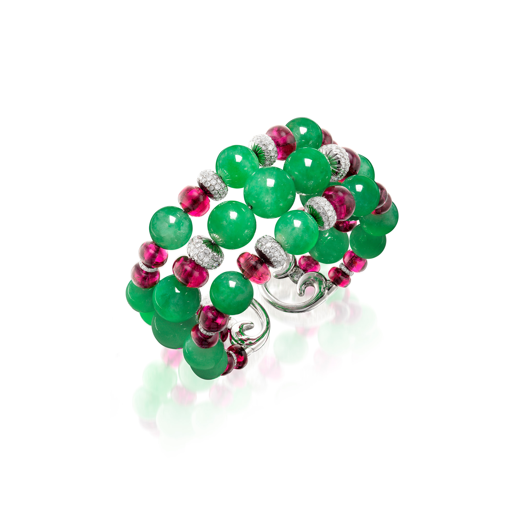<p><em>Jadeite Bead, Rubellite and Diamond Bangle</em></p>