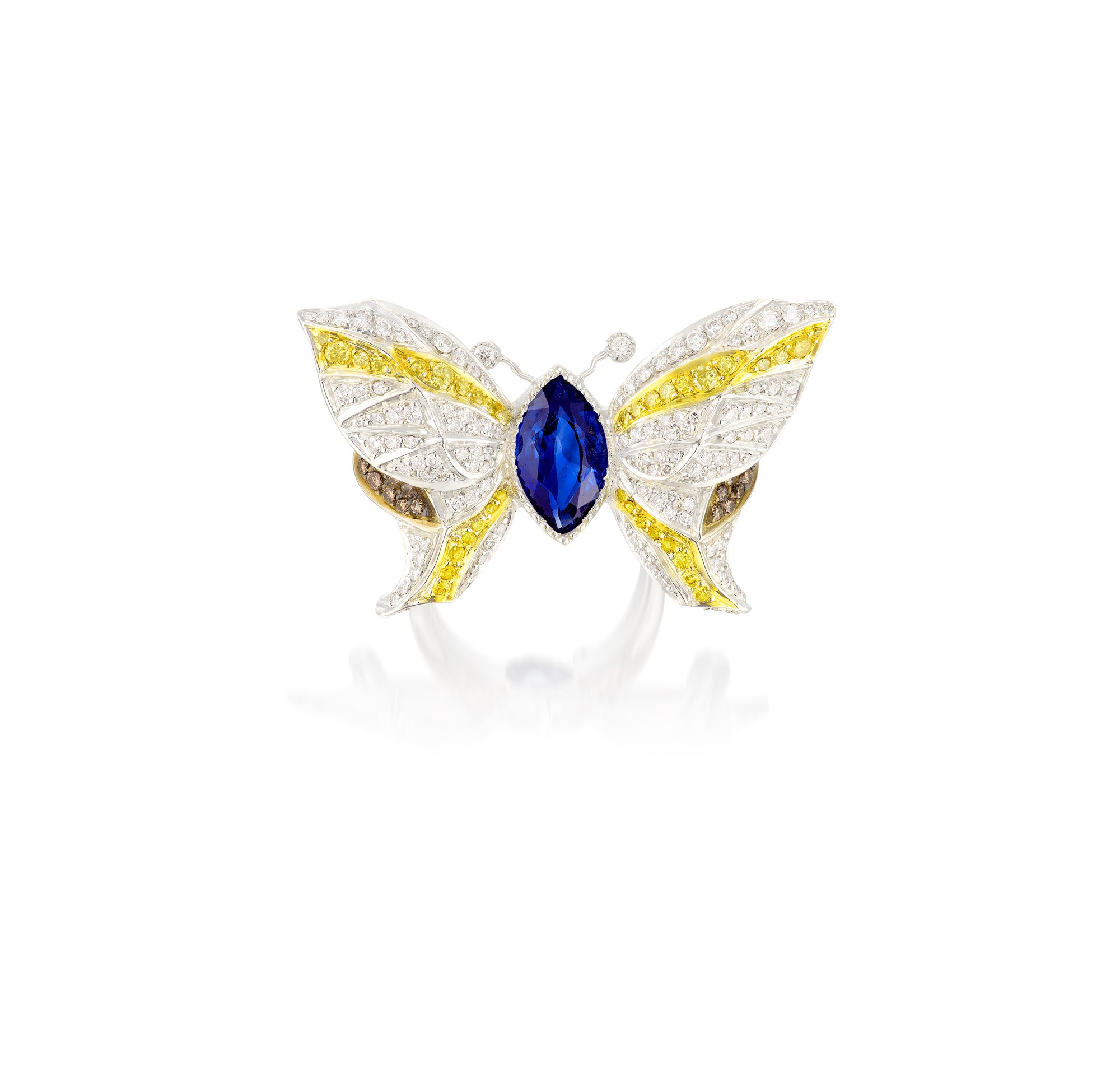 <p>Sapphire, Diamond and Coloured Diamond Ring, &#39;Butterfly&#39;</p>
