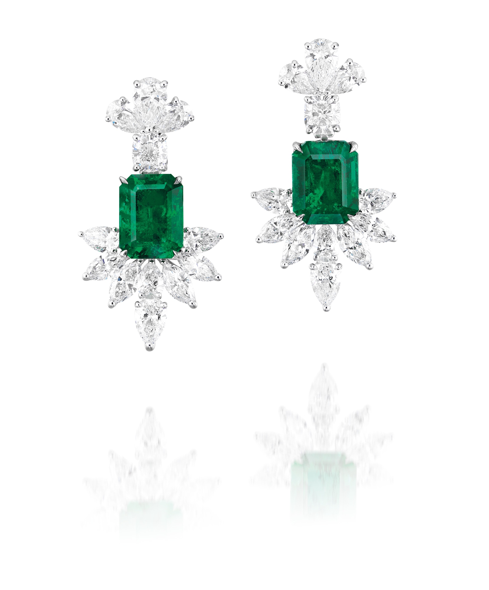 <p>A Pair of 8.13 carat and 8.27 carat Emerald and Diamond Earrings</p>