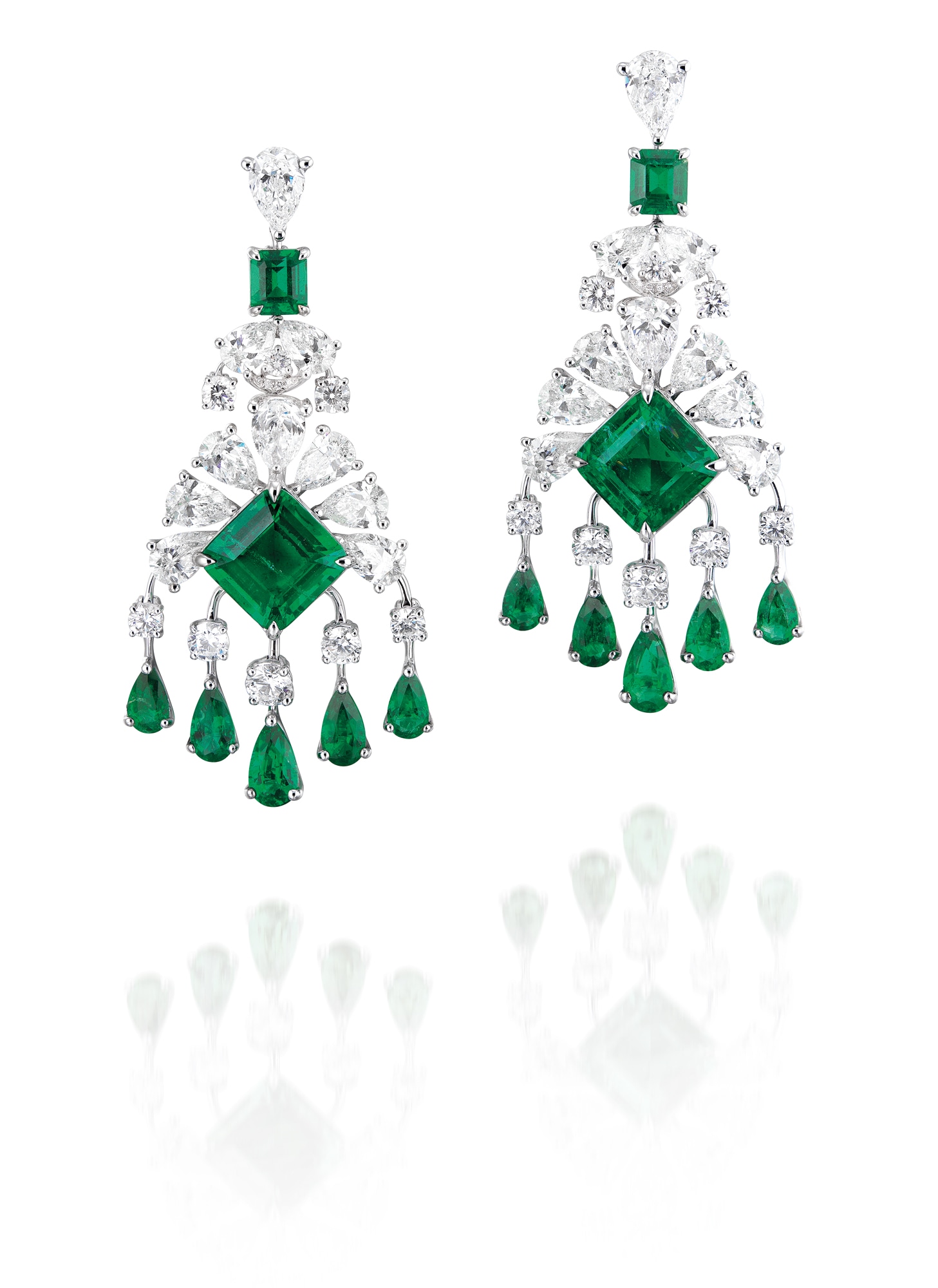 <p>A Pair of 6.49 carat and 7.59 carat Emerald and Diamond Earrings</p>